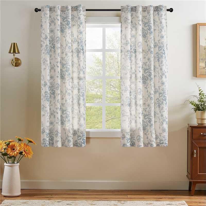 jinchan Blackout Linen Blend Curtain Floral Blackout Curtains for Living Room 84 Inch Length Black Printed with Lined Blackout Curtain for Bedroom Farmhouse Curtains Set 2 Panels