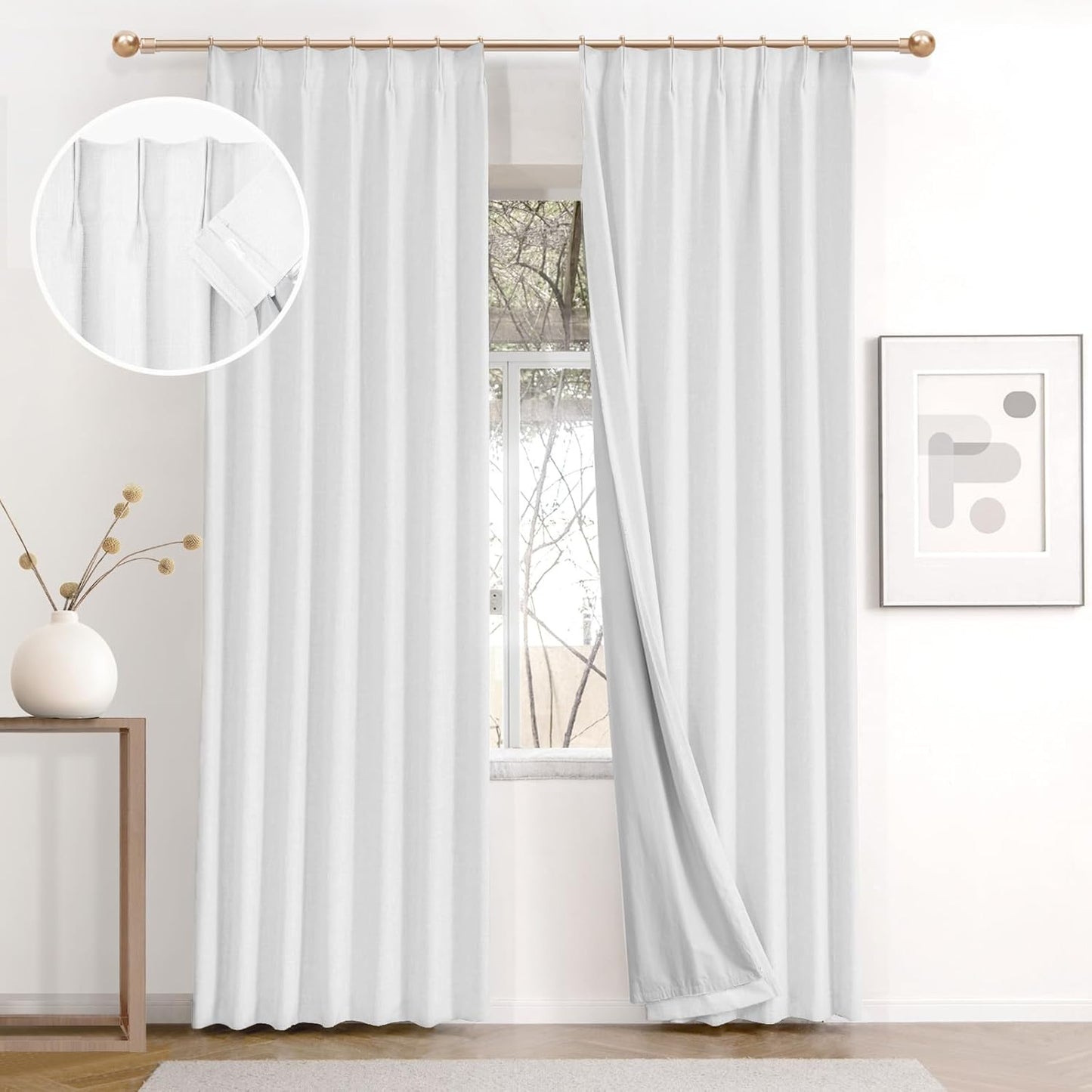 Pinch Pleated 100% Blackout Linen Curtains 95 Inches Long for Bedroom Natural Black Out Pleat Curtains for Living Dining Room Darkening Thermal Insulated Window Curtain Drapes with Pin Hooks, 2 Panels