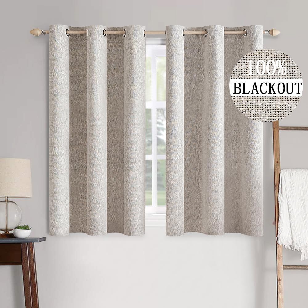 MIULEE 100% Blackout Linen Textured Curtains for Bedroom Solid Thermal Insulated Natural Beige Grommet Room Darkening Curtains & Drapes Luxury Decor for Living Room Nursery 62 x 96 Inch (2 Panels)