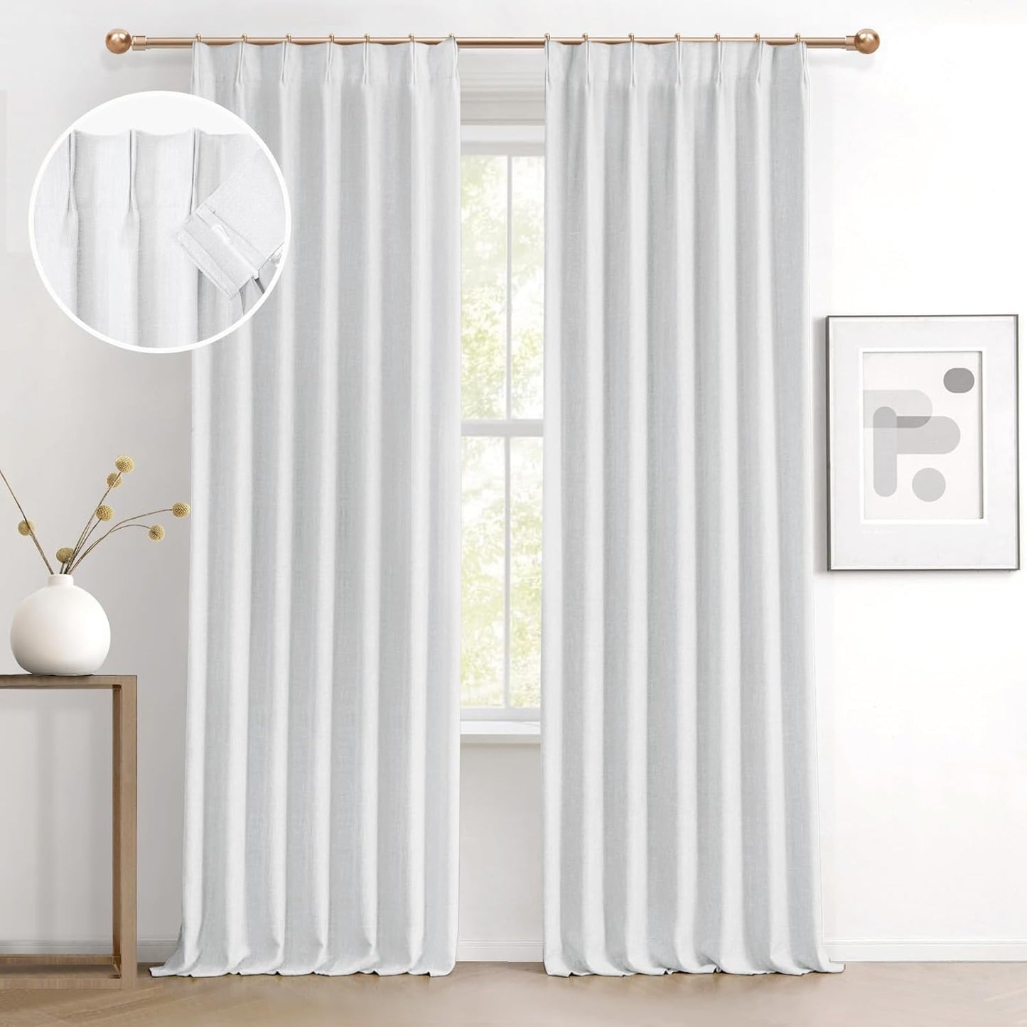 Pinch Pleated 100% Blackout Linen Curtains 95 Inches Long for Bedroom Natural Black Out Pleat Curtains for Living Dining Room Darkening Thermal Insulated Window Curtain Drapes with Pin Hooks, 2 Panels