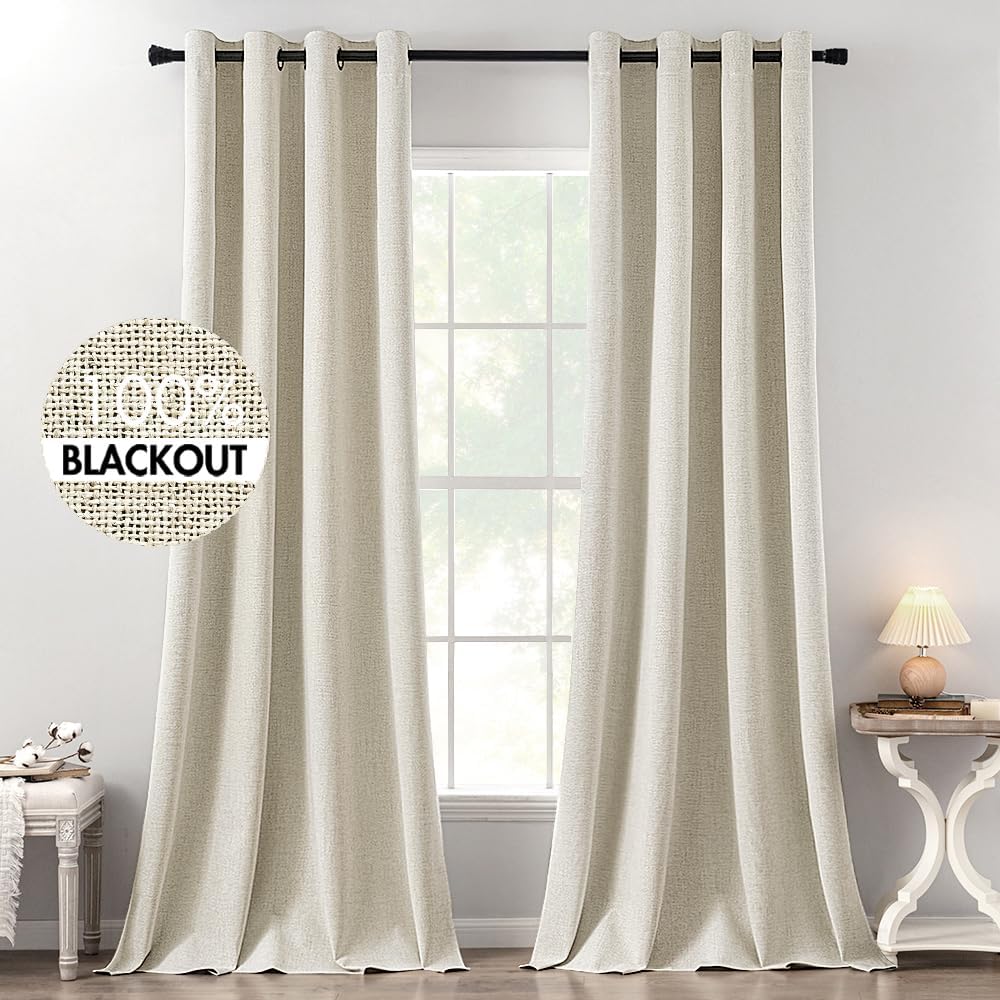 MIULEE 100% Blackout Linen Textured Curtains for Bedroom Solid Thermal Insulated Natural Beige Grommet Room Darkening Curtains & Drapes Luxury Decor for Living Room Nursery 62 x 96 Inch (2 Panels)