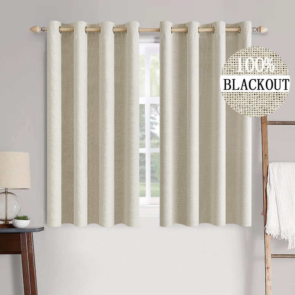 MIULEE 100% Blackout Linen Textured Curtains for Bedroom Solid Thermal Insulated Natural Beige Grommet Room Darkening Curtains & Drapes Luxury Decor for Living Room Nursery 62 x 96 Inch (2 Panels)