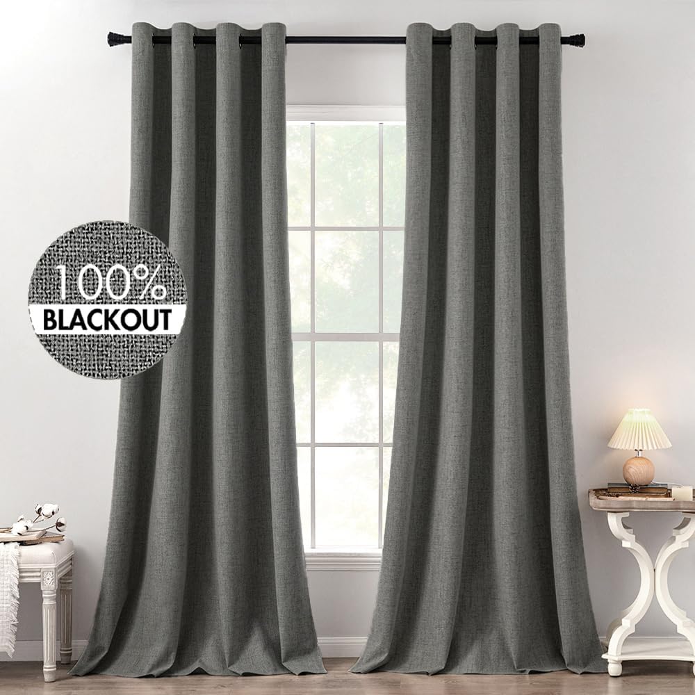 MIULEE 100% Blackout Linen Textured Curtains for Bedroom Solid Thermal Insulated Natural Beige Grommet Room Darkening Curtains & Drapes Luxury Decor for Living Room Nursery 62 x 96 Inch (2 Panels)