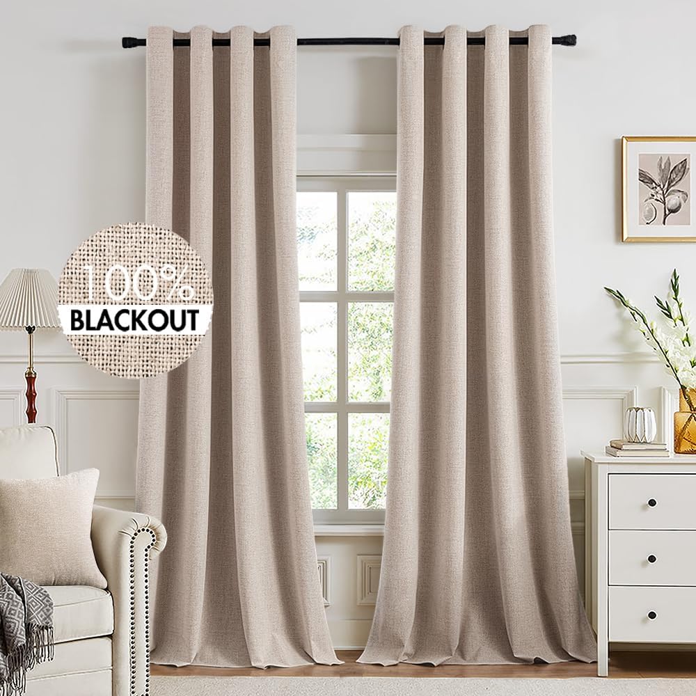 MIULEE 100% Blackout Linen Textured Curtains for Bedroom Solid Thermal Insulated Natural Beige Grommet Room Darkening Curtains & Drapes Luxury Decor for Living Room Nursery 62 x 96 Inch (2 Panels)