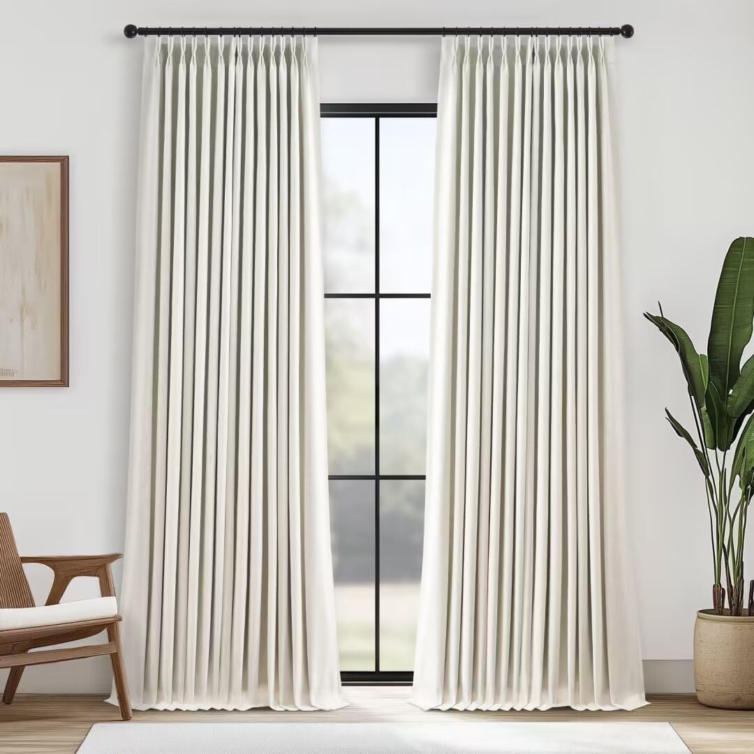 96 Inch Long Pinch Pleated Dark Linen Color Curtains,100% Blackout Thermal Insulated Natural Pinch Pleat Rustic Country Style Drapes with Hooks Rings 2 Panel Sets,Taupe Tan 8FT Window Curtain
