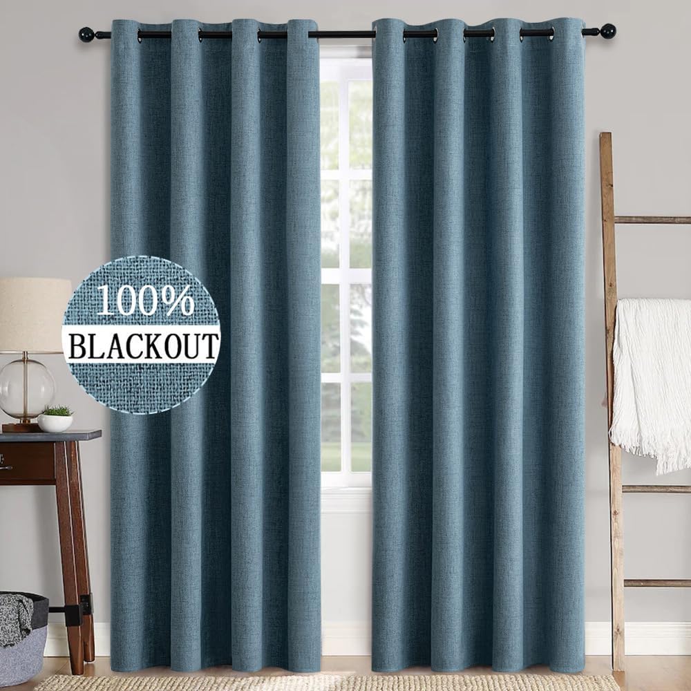 MIULEE 100% Blackout Linen Textured Curtains for Bedroom Solid Thermal Insulated Natural Beige Grommet Room Darkening Curtains & Drapes Luxury Decor for Living Room Nursery 62 x 96 Inch (2 Panels)