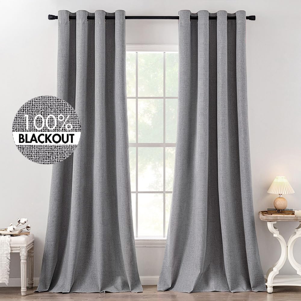 MIULEE 100% Blackout Linen Textured Curtains for Bedroom Solid Thermal Insulated Natural Beige Grommet Room Darkening Curtains & Drapes Luxury Decor for Living Room Nursery 62 x 96 Inch (2 Panels)