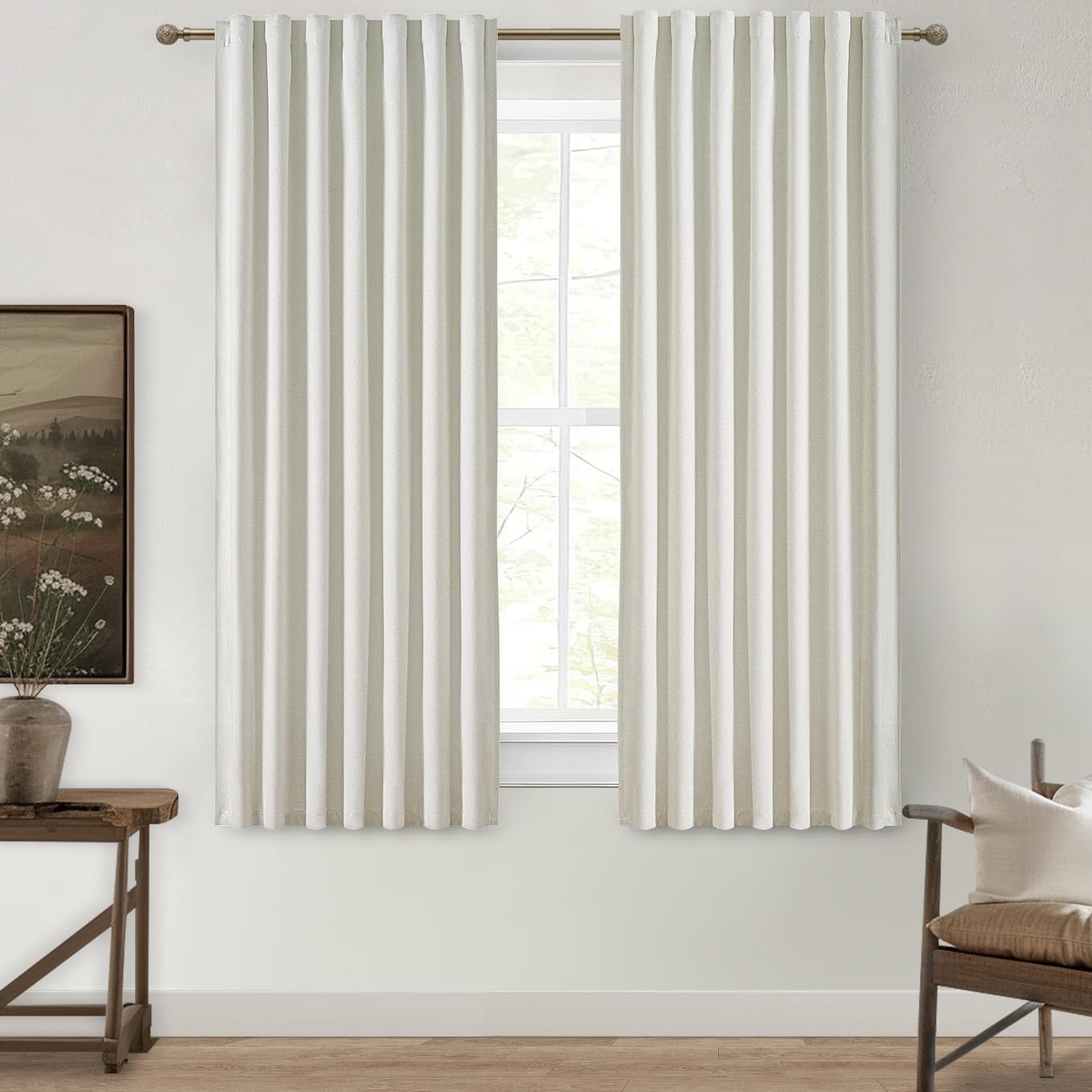 Natural Linen Blackout 92 Inch Bedroom Curtains 2 Panel Sets, Rustic Boho Cream Pleated Ceiling Track Curtain for Dining Room Heat Blocking Privacy Heavy Drape 92 Inches Long Oatmeal Back Tab