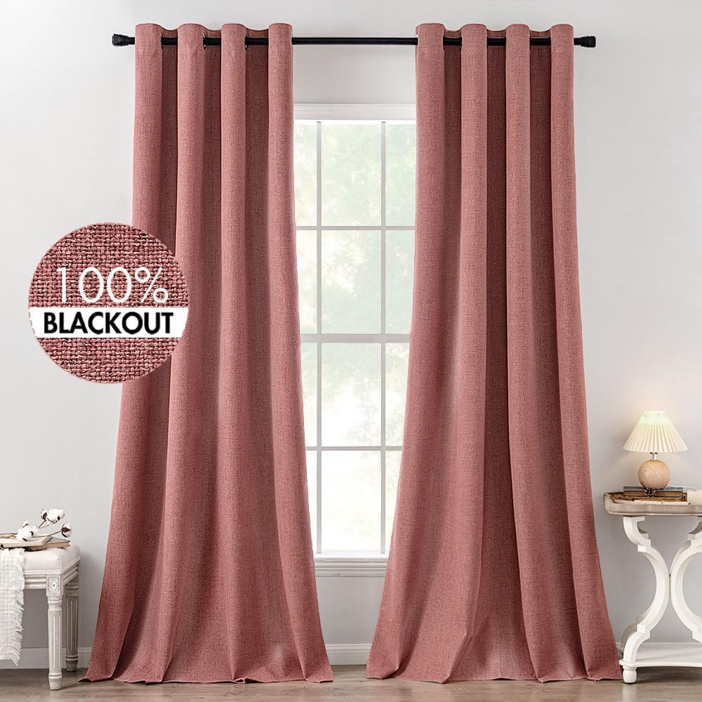 MIULEE 100% Blackout Linen Textured Curtains for Bedroom Solid Thermal Insulated Natural Beige Grommet Room Darkening Curtains & Drapes Luxury Decor for Living Room Nursery 62 x 96 Inch (2 Panels)