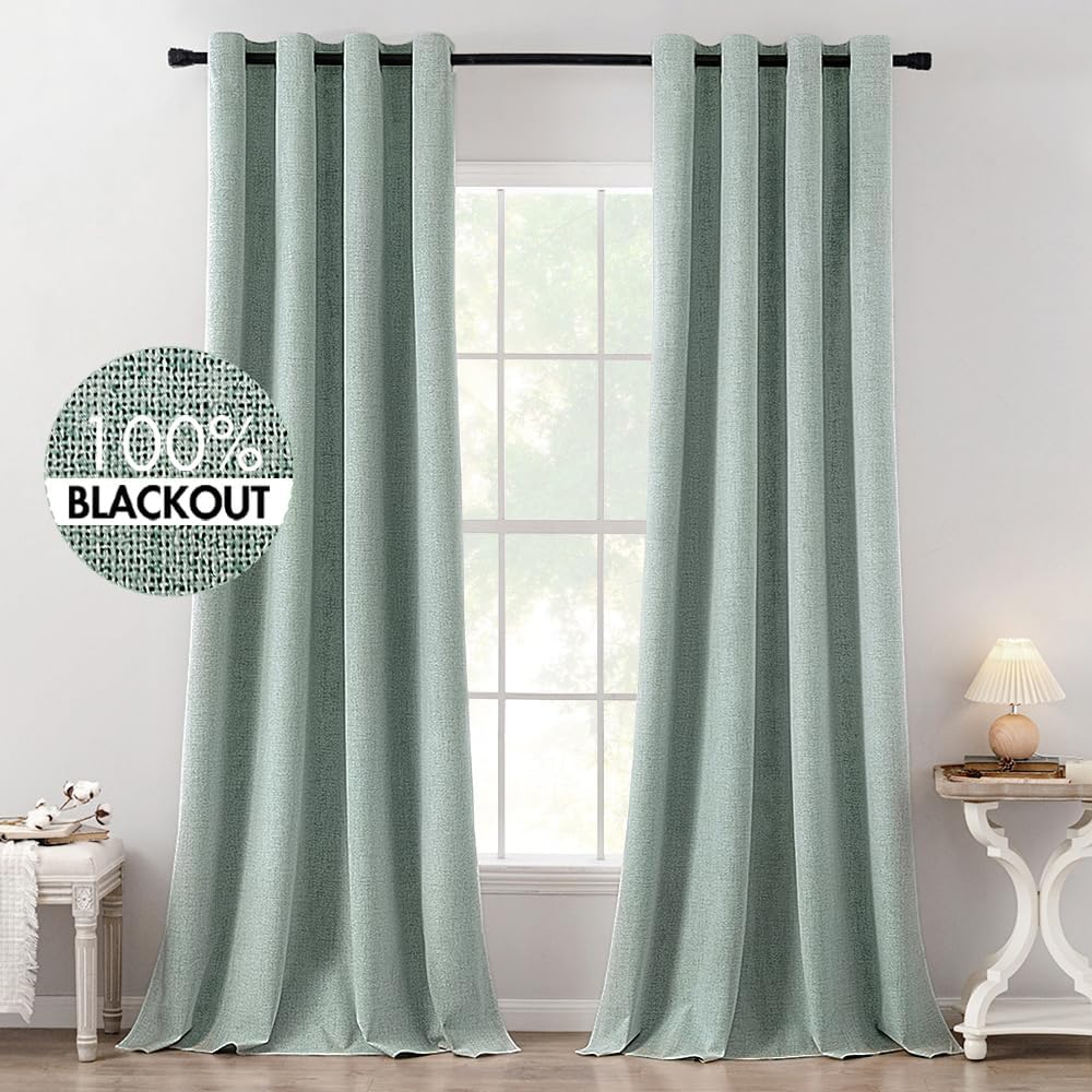 MIULEE 100% Blackout Linen Textured Curtains for Bedroom Solid Thermal Insulated Natural Beige Grommet Room Darkening Curtains & Drapes Luxury Decor for Living Room Nursery 62 x 96 Inch (2 Panels)
