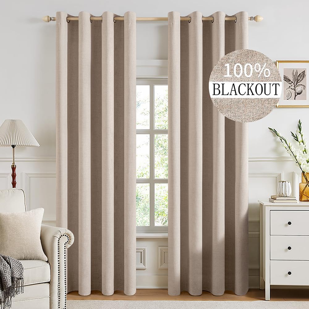MIULEE 100% Blackout Linen Textured Curtains for Bedroom Solid Thermal Insulated Natural Beige Grommet Room Darkening Curtains & Drapes Luxury Decor for Living Room Nursery 62 x 96 Inch (2 Panels)