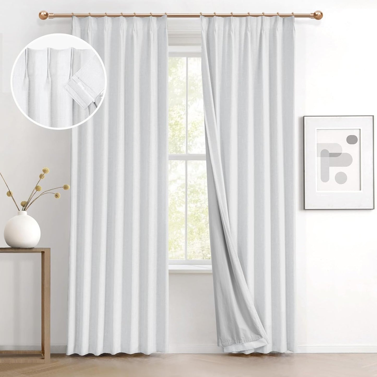 Pinch Pleated 100% Blackout Linen Curtains 95 Inches Long for Bedroom Natural Black Out Pleat Curtains for Living Dining Room Darkening Thermal Insulated Window Curtain Drapes with Pin Hooks, 2 Panels