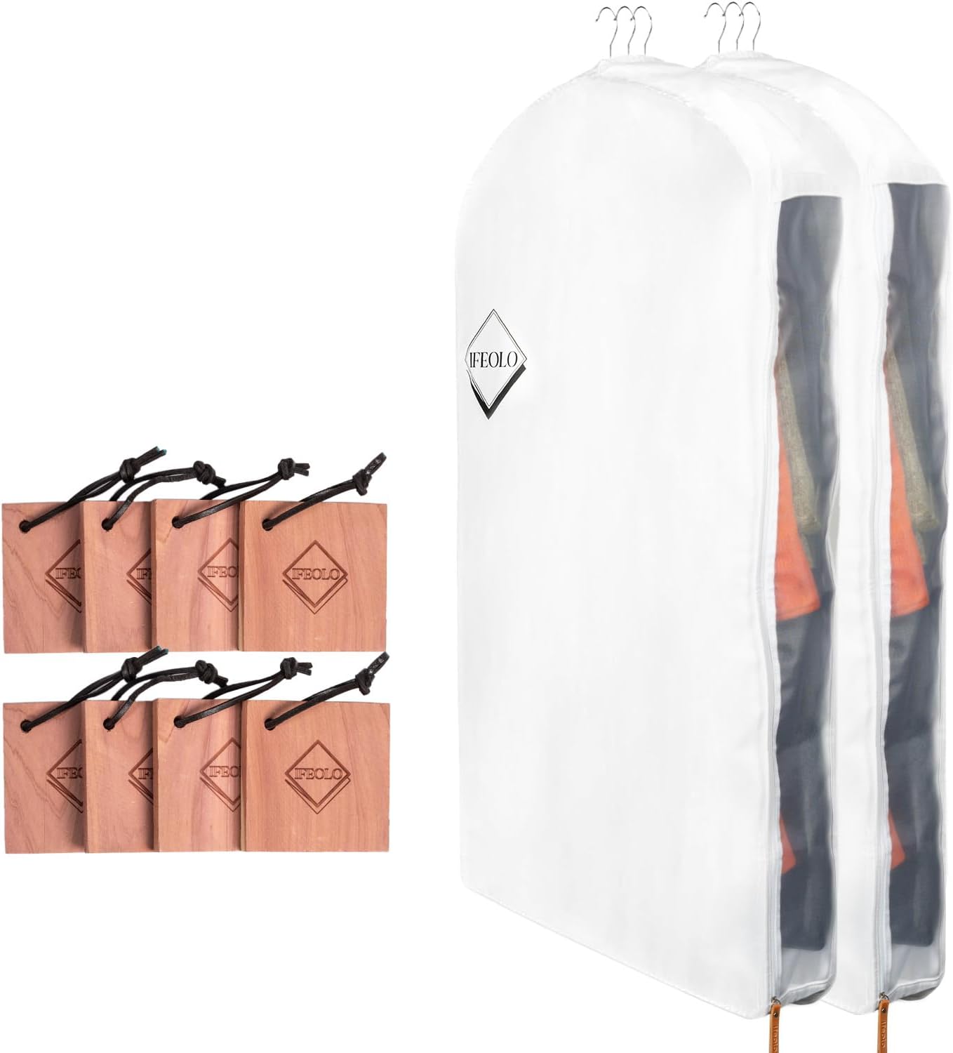 2PC Luxury 48'' Organic Cotton Garment Storage Bag for Hanging Clothes | 8 Cedar Blocks for Fresh Smell| Breathable Garment Bag for Hanging Clothes for Closet Best for Suit, Sweater, Short Dress, Gown