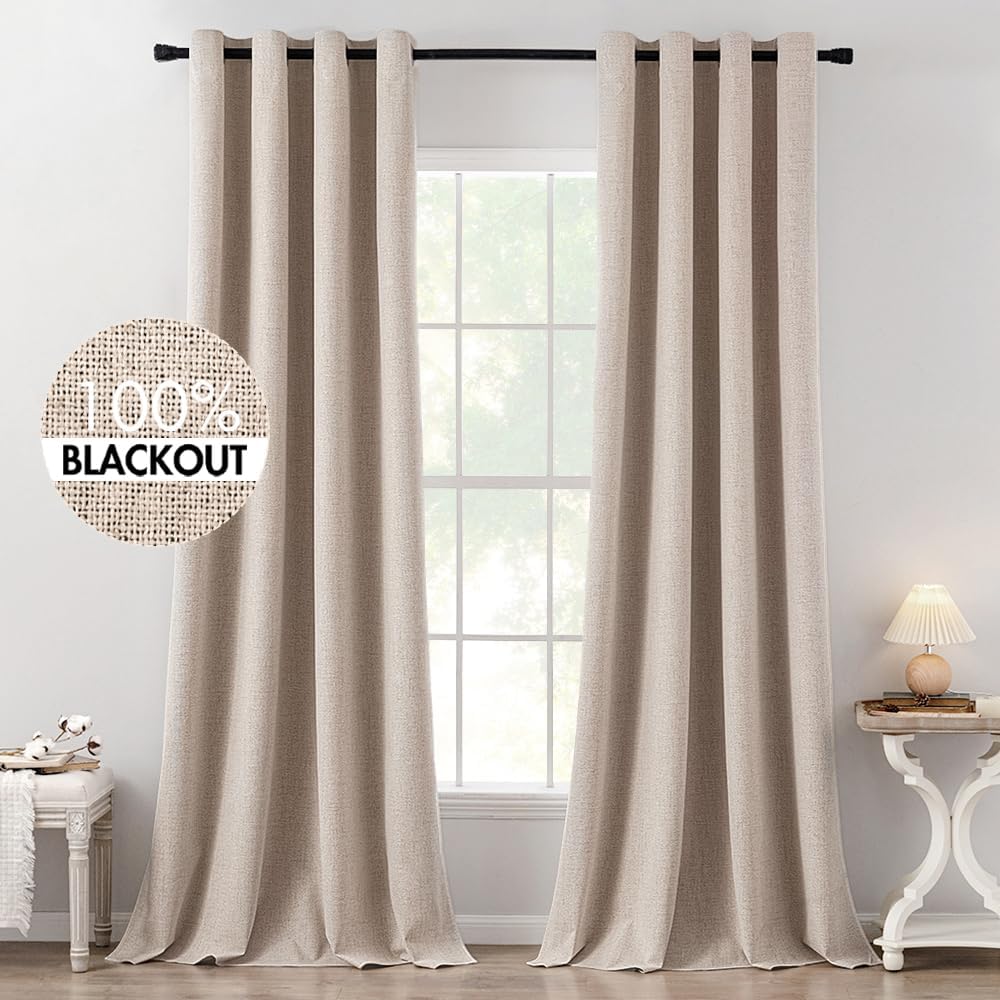 MIULEE 100% Blackout Linen Textured Curtains for Bedroom Solid Thermal Insulated Natural Beige Grommet Room Darkening Curtains & Drapes Luxury Decor for Living Room Nursery 62 x 96 Inch (2 Panels)