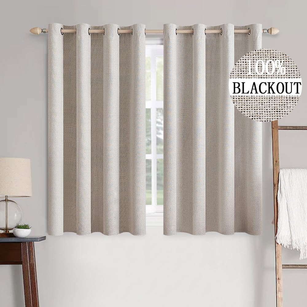 MIULEE 100% Blackout Linen Textured Curtains for Bedroom Solid Thermal Insulated Natural Beige Grommet Room Darkening Curtains & Drapes Luxury Decor for Living Room Nursery 62 x 96 Inch (2 Panels)