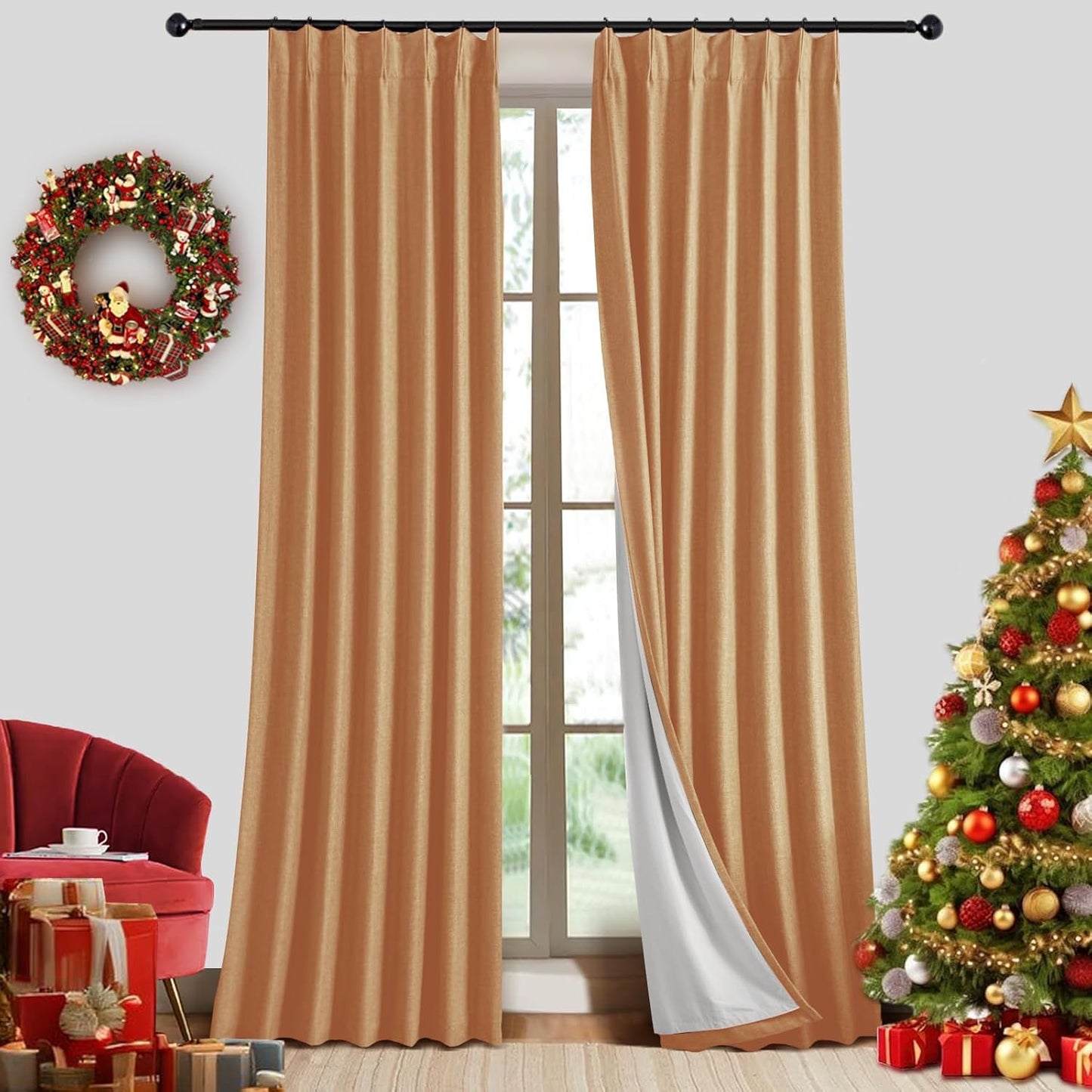 Pinch Pleated 100% Blackout Linen Curtains 95 Inches Long for Bedroom Natural Black Out Pleat Curtains for Living Dining Room Darkening Thermal Insulated Window Curtain Drapes with Pin Hooks, 2 Panels