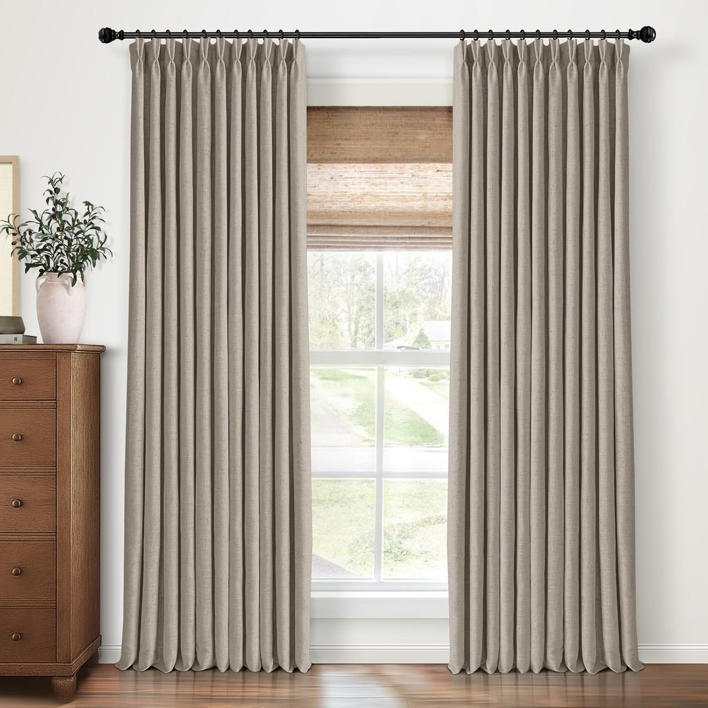 Pinch Pleated Blackout Curtains 96 Inches Long, Linen Blend, 100% Blackout Drapes with 20 Hooks, Ideal for Bedroom and Living Room, 40" W x 96" L (Pack of 2), Natural