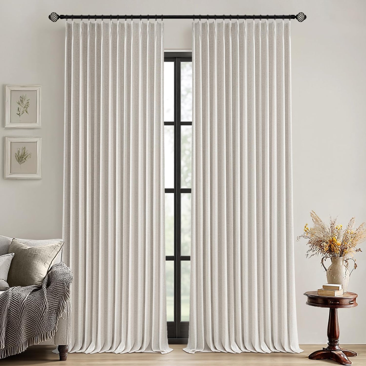MIULEE Natural Pinch Pleated 100% Blackout Linen Curtains for Bedroom, Room Darkening Light Blocking Window Curtains 84 inches Long for Living Room, Black Out Pleat Drapes with Pin Hooks, 2 Panels