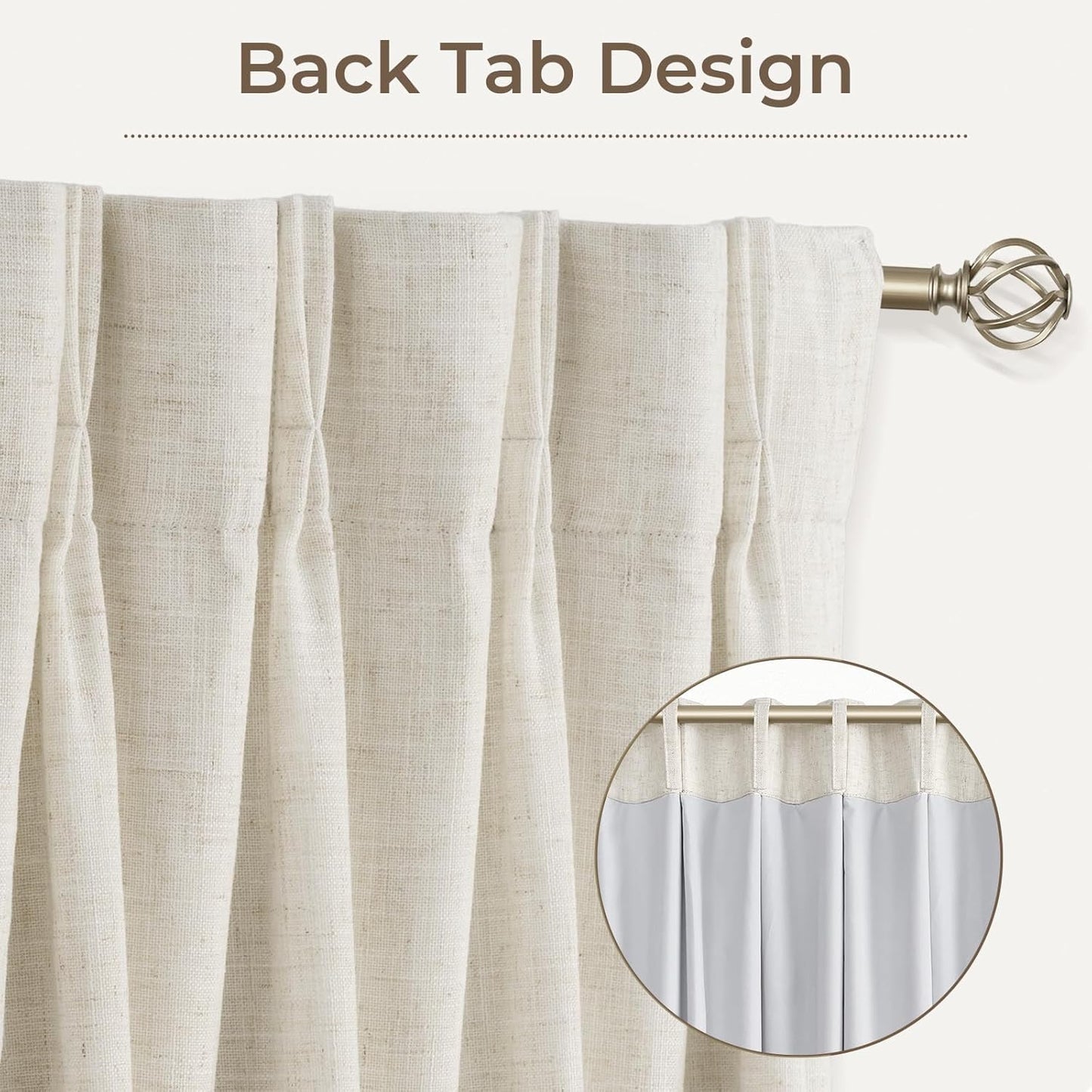 Pinch Pleated Blackout Curtains 96 Inches Long, Linen Blend, 100% Blackout Drapes with 20 Hooks, Ideal for Bedroom and Living Room, 40" W x 96" L (Pack of 2), Natural