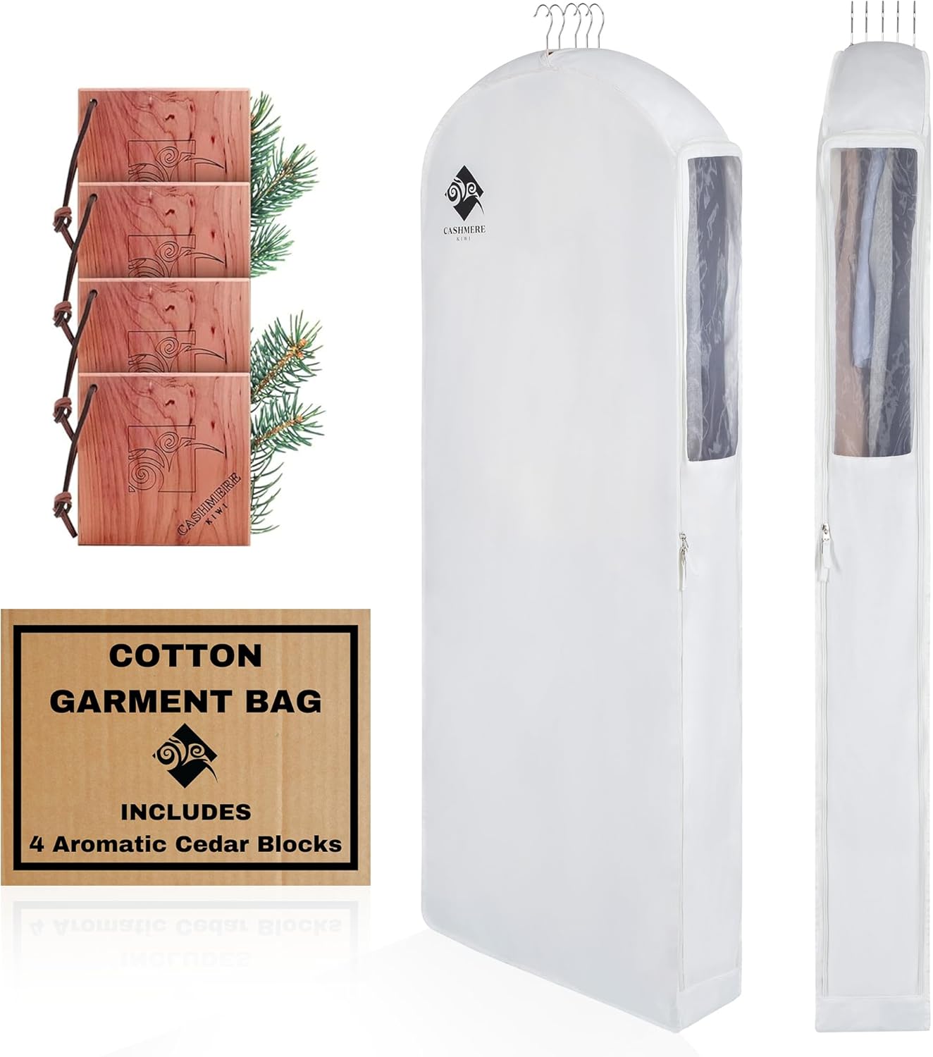 Premium 40” Short Cotton Garment Bag For Hanging Clothes And Storage | Wide 6” Gusset & 4 Cedar Blocks For Fresh Smell And Moth Protection | Best For Suits, Fur Coats, Leather Jackets, Sweaters.