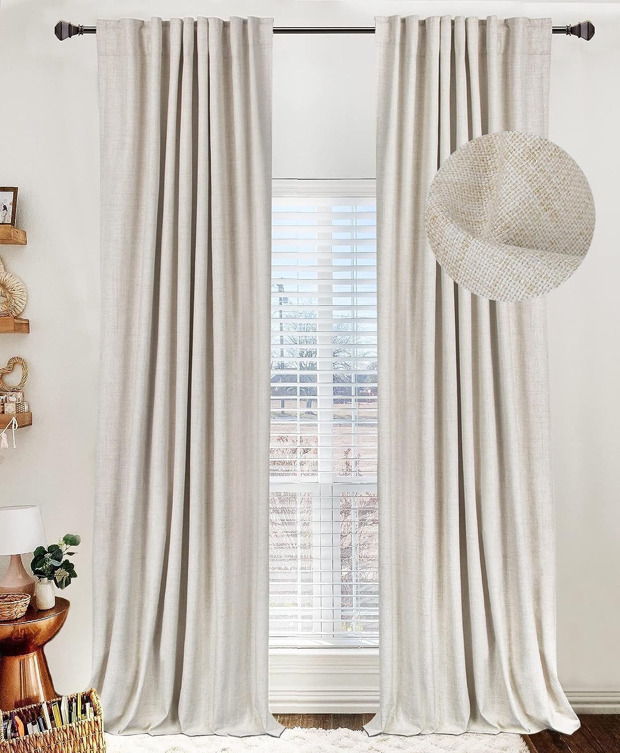 100% Blackout Shield Linen Blackout Curtains for Bedroom 120 Inches Long, Back Tab/Rod Pocket Living Room Drapes, Thermal Insulated Blackout Curtains 2 Panels Set, 50" W x 120" L, Faux Linen