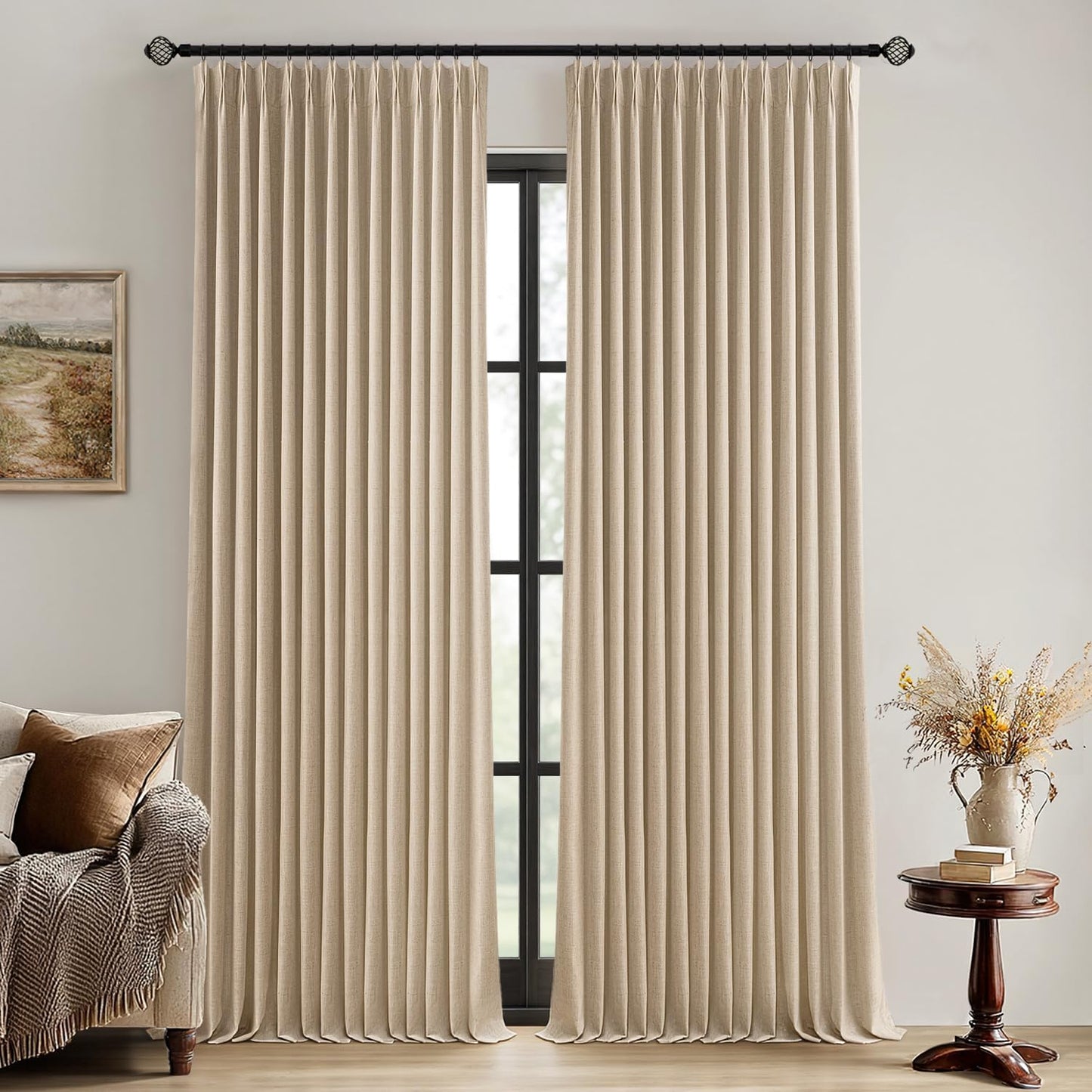 MIULEE Natural Pinch Pleated 100% Blackout Linen Curtains for Bedroom, Room Darkening Light Blocking Window Curtains 84 inches Long for Living Room, Black Out Pleat Drapes with Pin Hooks, 2 Panels