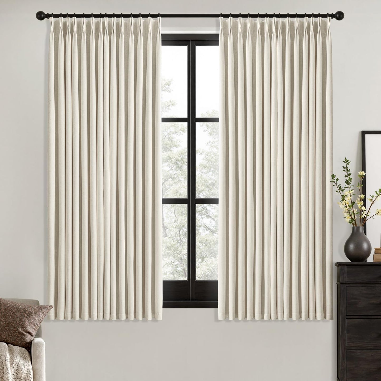 MIULEE Natural Pinch Pleated 100% Blackout Linen Curtains for Bedroom, Room Darkening Light Blocking Window Curtains 84 inches Long for Living Room, Black Out Pleat Drapes with Pin Hooks, 2 Panels