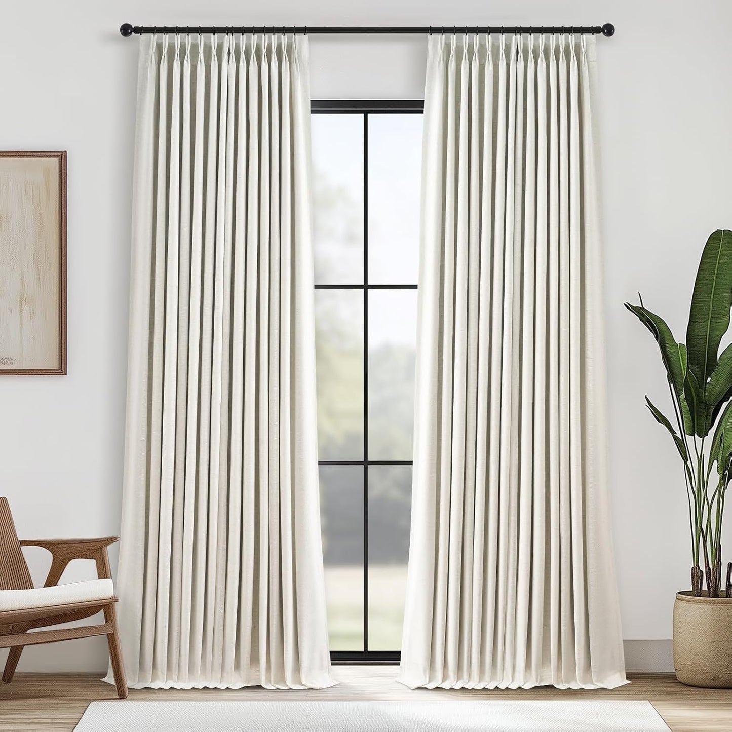 96 Inch Long Pinch Pleated Dark Linen Color Curtains,100% Blackout Thermal Insulated Natural Pinch Pleat Rustic Country Style Drapes with Hooks Rings 2 Panel Sets,Taupe Tan 8FT Window Curtain