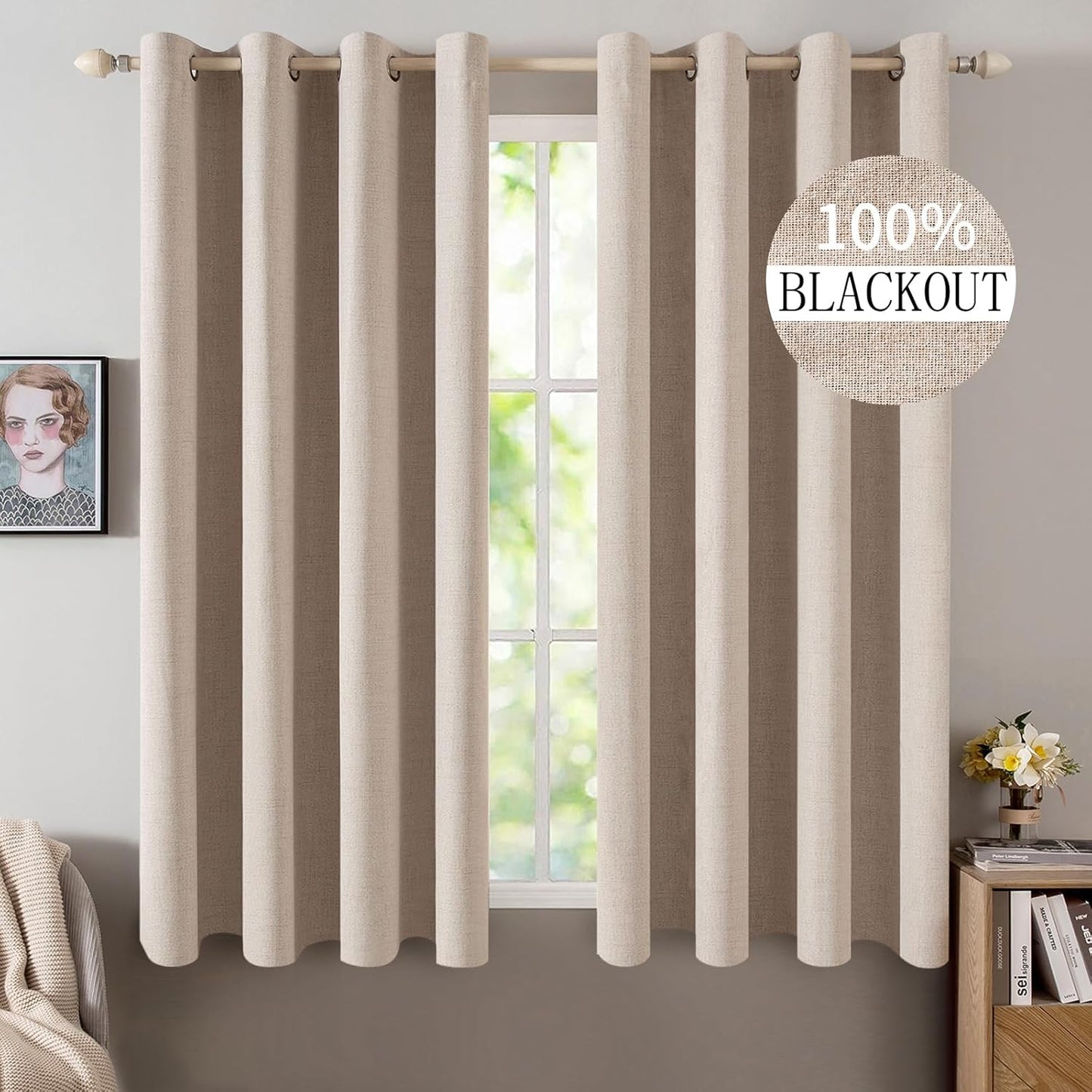 MIULEE 100% Blackout Linen Textured Curtains for Bedroom Solid Thermal Insulated Natural Beige Grommet Room Darkening Curtains & Drapes Luxury Decor for Living Room Nursery 62 x 96 Inch (2 Panels)