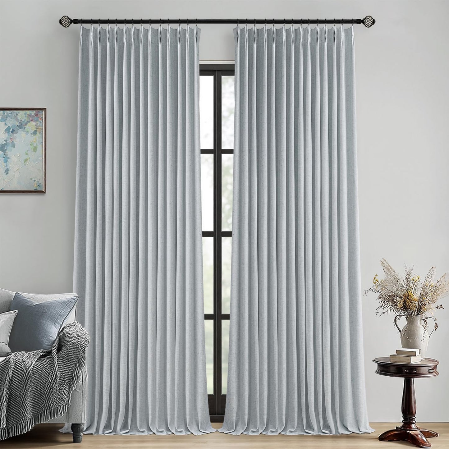 MIULEE Natural Pinch Pleated 100% Blackout Linen Curtains for Bedroom, Room Darkening Light Blocking Window Curtains 84 inches Long for Living Room, Black Out Pleat Drapes with Pin Hooks, 2 Panels