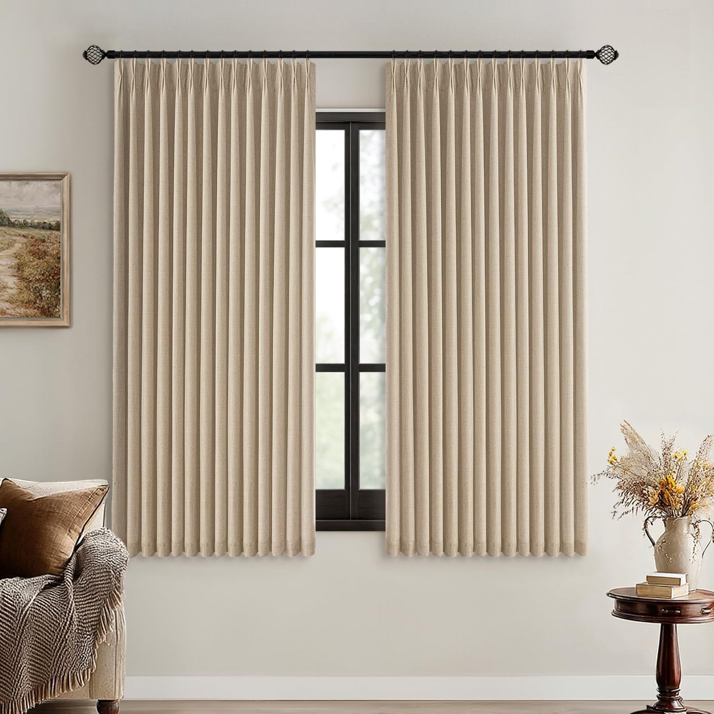 MIULEE Natural Pinch Pleated 100% Blackout Linen Curtains for Bedroom, Room Darkening Light Blocking Window Curtains 84 inches Long for Living Room, Black Out Pleat Drapes with Pin Hooks, 2 Panels