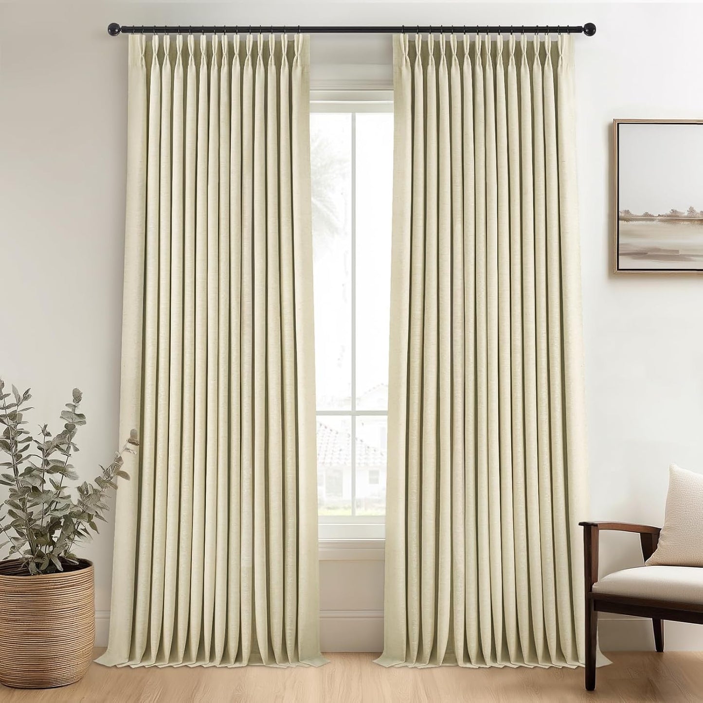 96 Inch Long Pinch Pleated Dark Linen Color Curtains,100% Blackout Thermal Insulated Natural Pinch Pleat Rustic Country Style Drapes with Hooks Rings 2 Panel Sets,Taupe Tan 8FT Window Curtain
