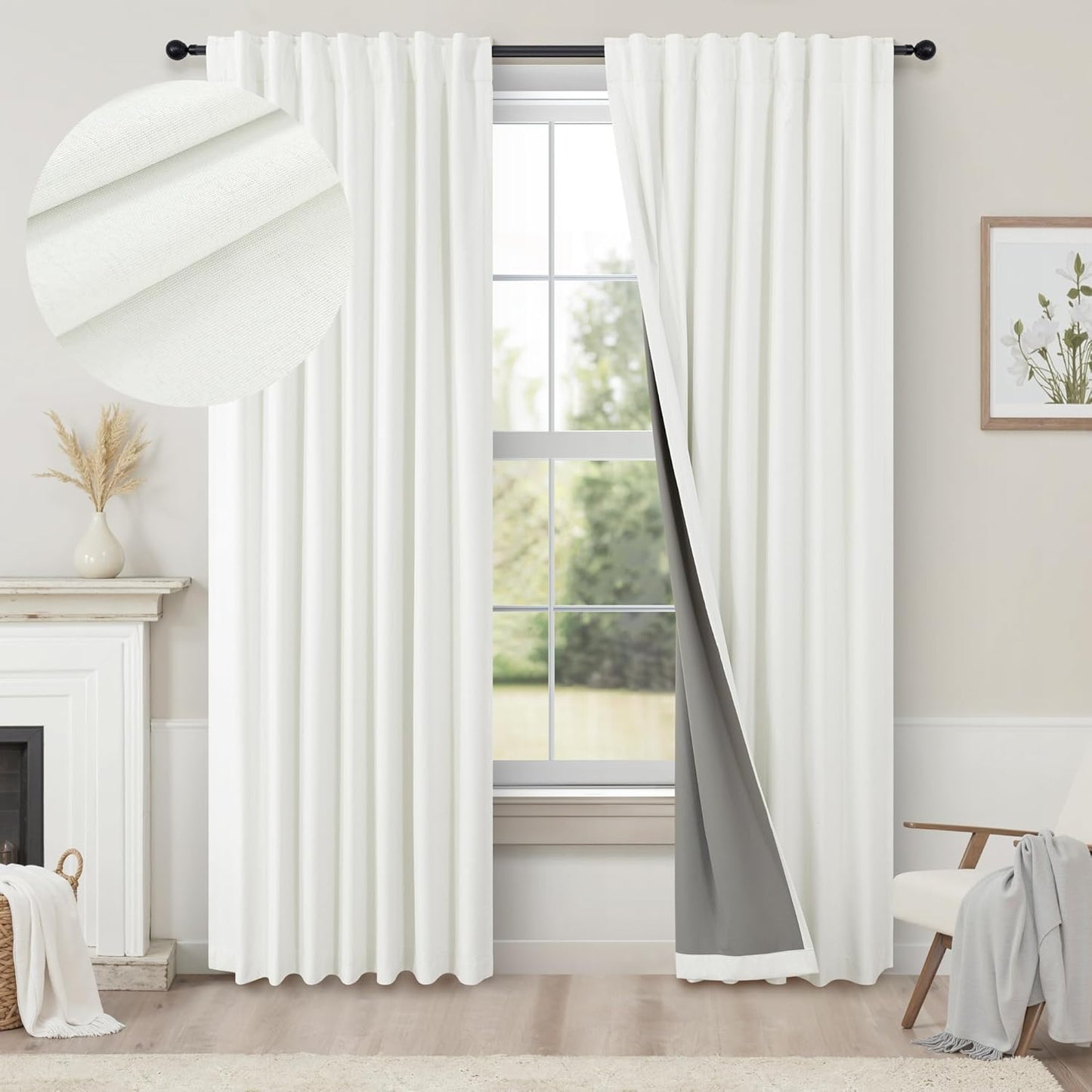 Cream Linen Black Out Curtains 70 Inches Extra Wide for Living Room 2 Panels Back Tab Pocket Pleated Ivory Blackout Bedroom for 72 Inches Window Curtain 84 Inch Long Thermal Room Darkening Heavy Drape