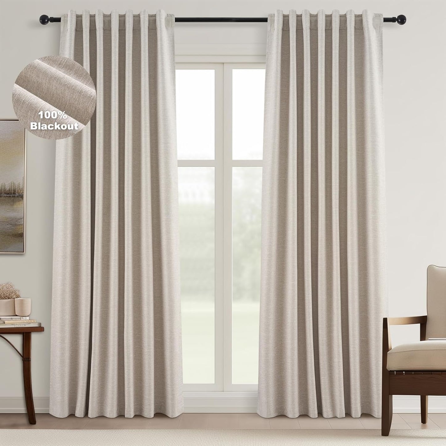 Topfinel Linen Blackout Curtains 96 Inch Long, Light Blocking Rustic Neutral Thermal Insulated Brown Natural Linen Cabin Back Tab Viral Drapery Drapes with Hooks Rings 2 Panel Sets, Brown Tan 8 FT