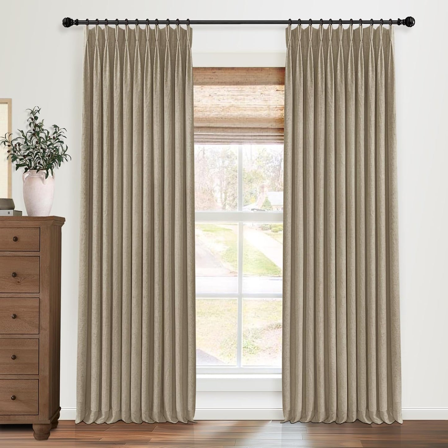 Pinch Pleated Blackout Curtains 96 Inches Long, Linen Blend, 100% Blackout Drapes with 20 Hooks, Ideal for Bedroom and Living Room, 40" W x 96" L (Pack of 2), Natural