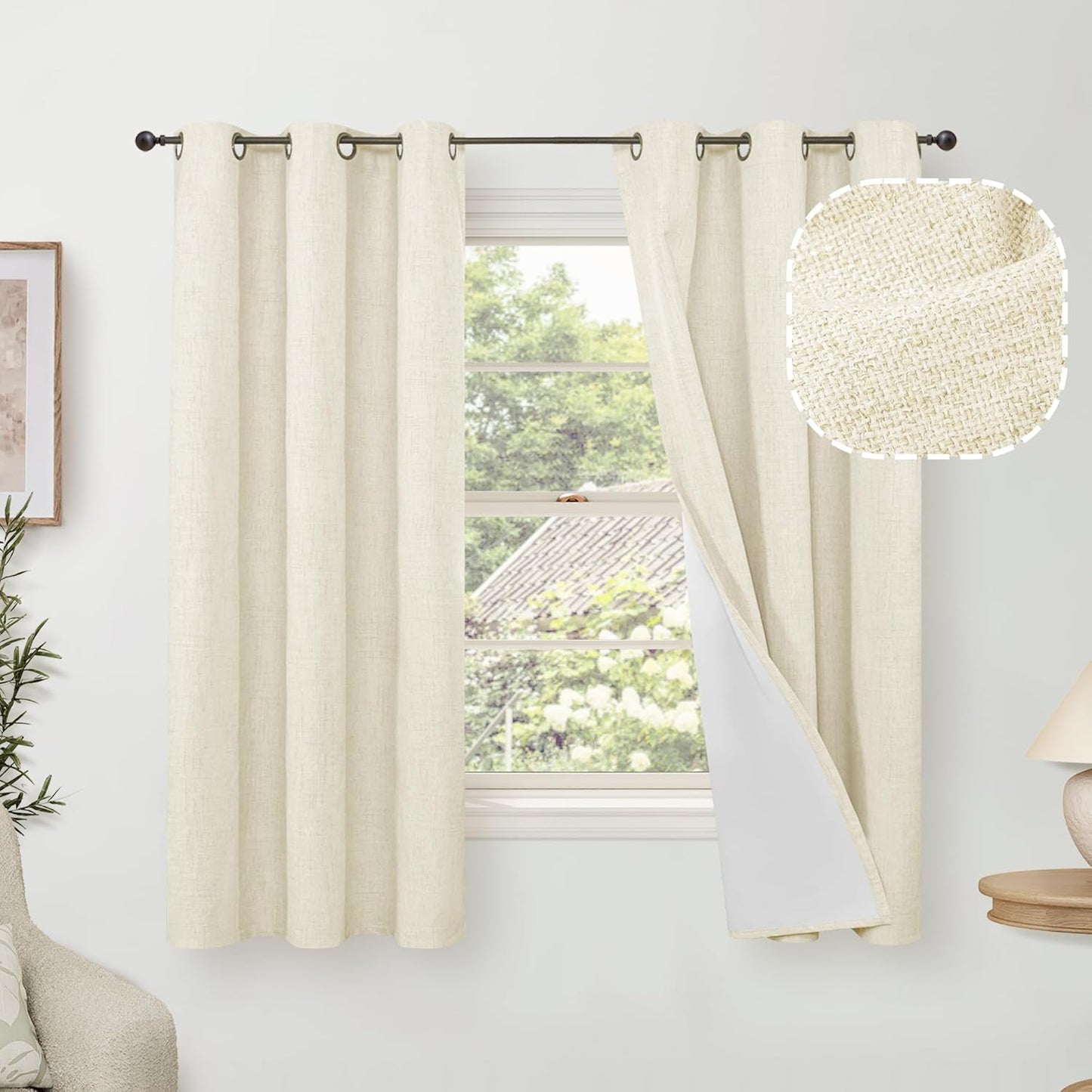 60 Inch Wide Linen Blackout Curtains for Living Room/Bedroom 84 Inch Length 2 Panels, Total Black Out Thermal Insulated Soundproof Grommet Boho Window Drapes White Liner for Modern Farmhouse, Natural