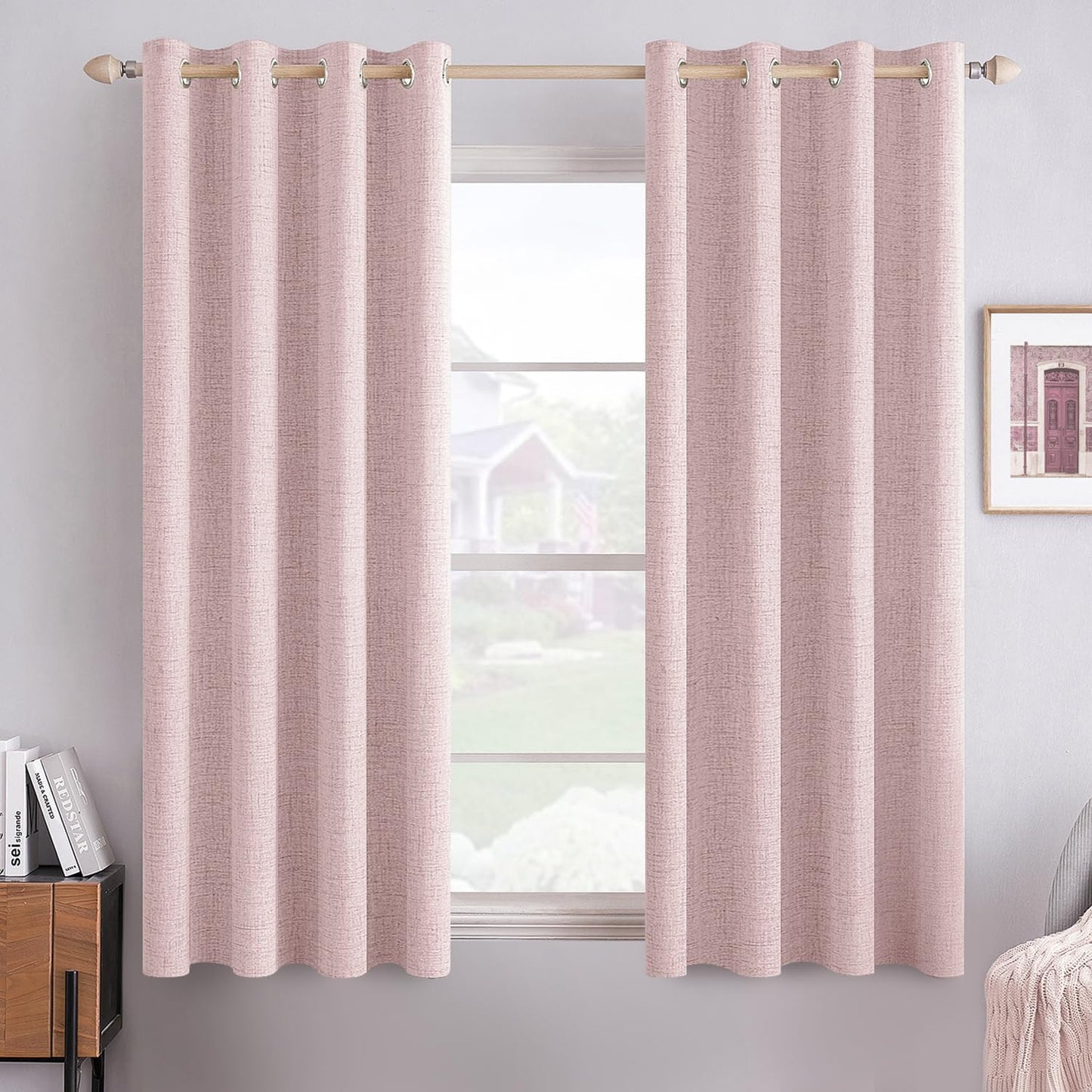 MIULEE 100% Blackout Linen Textured Curtains for Bedroom Solid Thermal Insulated Natural Beige Grommet Room Darkening Curtains & Drapes Luxury Decor for Living Room Nursery 62 x 96 Inch (2 Panels)