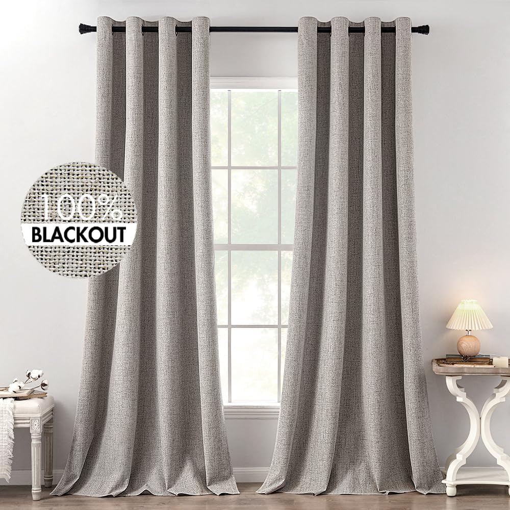 MIULEE 100% Blackout Linen Textured Curtains for Bedroom Solid Thermal Insulated Natural Beige Grommet Room Darkening Curtains & Drapes Luxury Decor for Living Room Nursery 62 x 96 Inch (2 Panels)