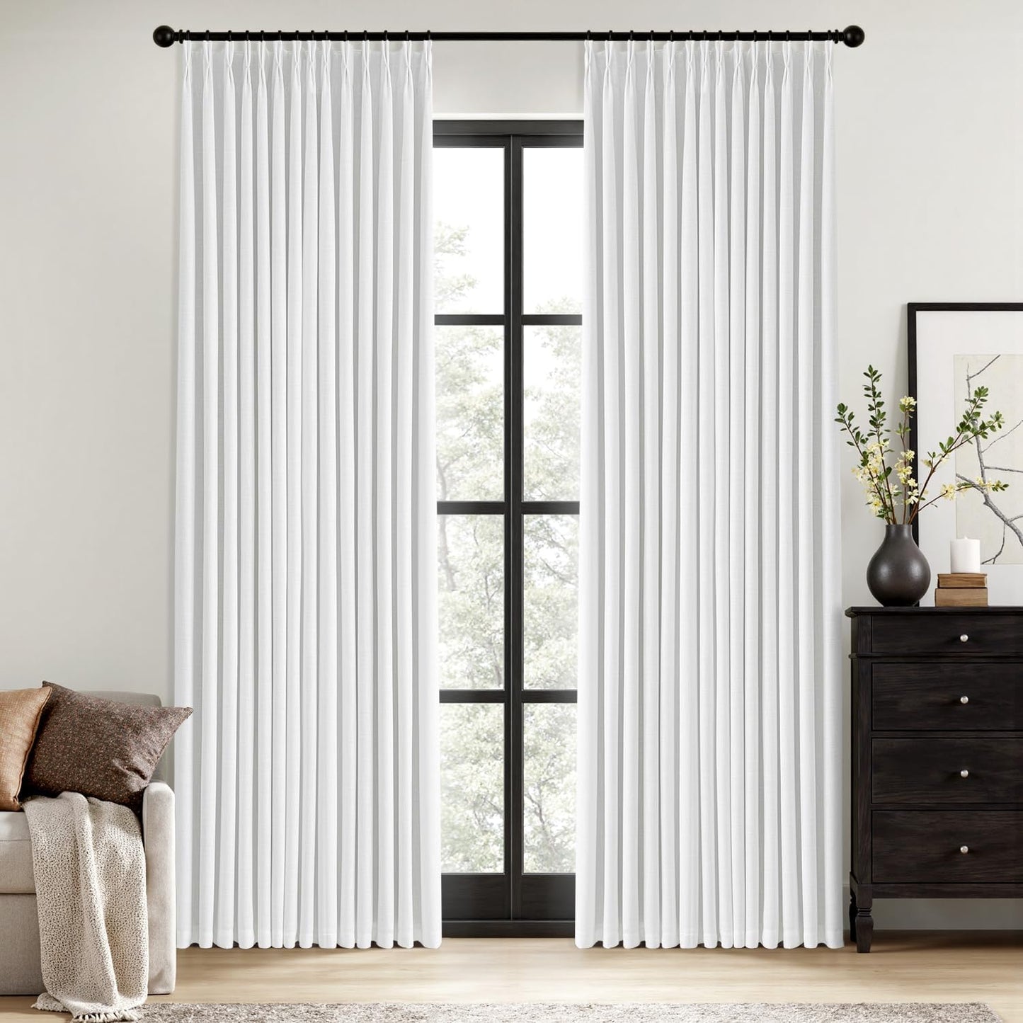 MIULEE Natural Pinch Pleated 100% Blackout Linen Curtains for Bedroom, Room Darkening Light Blocking Window Curtains 84 inches Long for Living Room, Black Out Pleat Drapes with Pin Hooks, 2 Panels