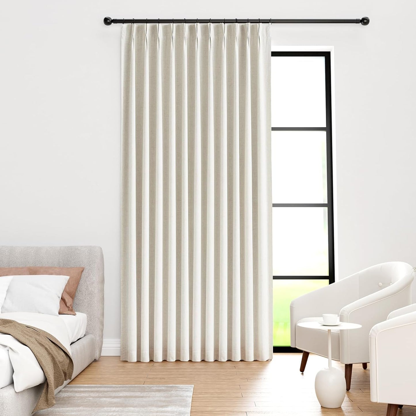 Pinch Pleated 100% Blackout Linen Curtains 95 Inches Long for Bedroom Natural Black Out Pleat Curtains for Living Dining Room Darkening Thermal Insulated Window Curtain Drapes with Pin Hooks, 2 Panels