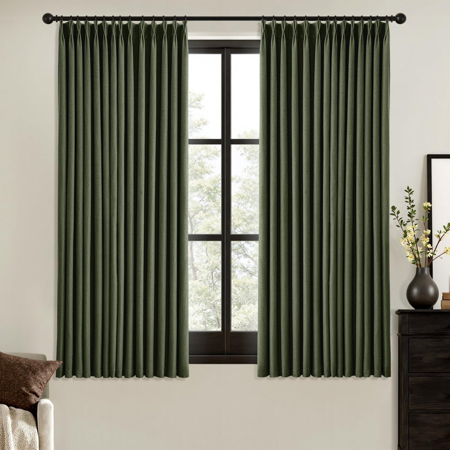 MIULEE Natural Pinch Pleated 100% Blackout Linen Curtains for Bedroom, Room Darkening Light Blocking Window Curtains 84 inches Long for Living Room, Black Out Pleat Drapes with Pin Hooks, 2 Panels