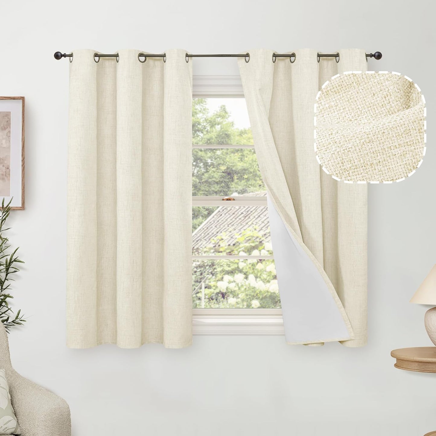 60 Inch Wide Linen Blackout Curtains for Living Room/Bedroom 84 Inch Length 2 Panels, Total Black Out Thermal Insulated Soundproof Grommet Boho Window Drapes White Liner for Modern Farmhouse, Natural
