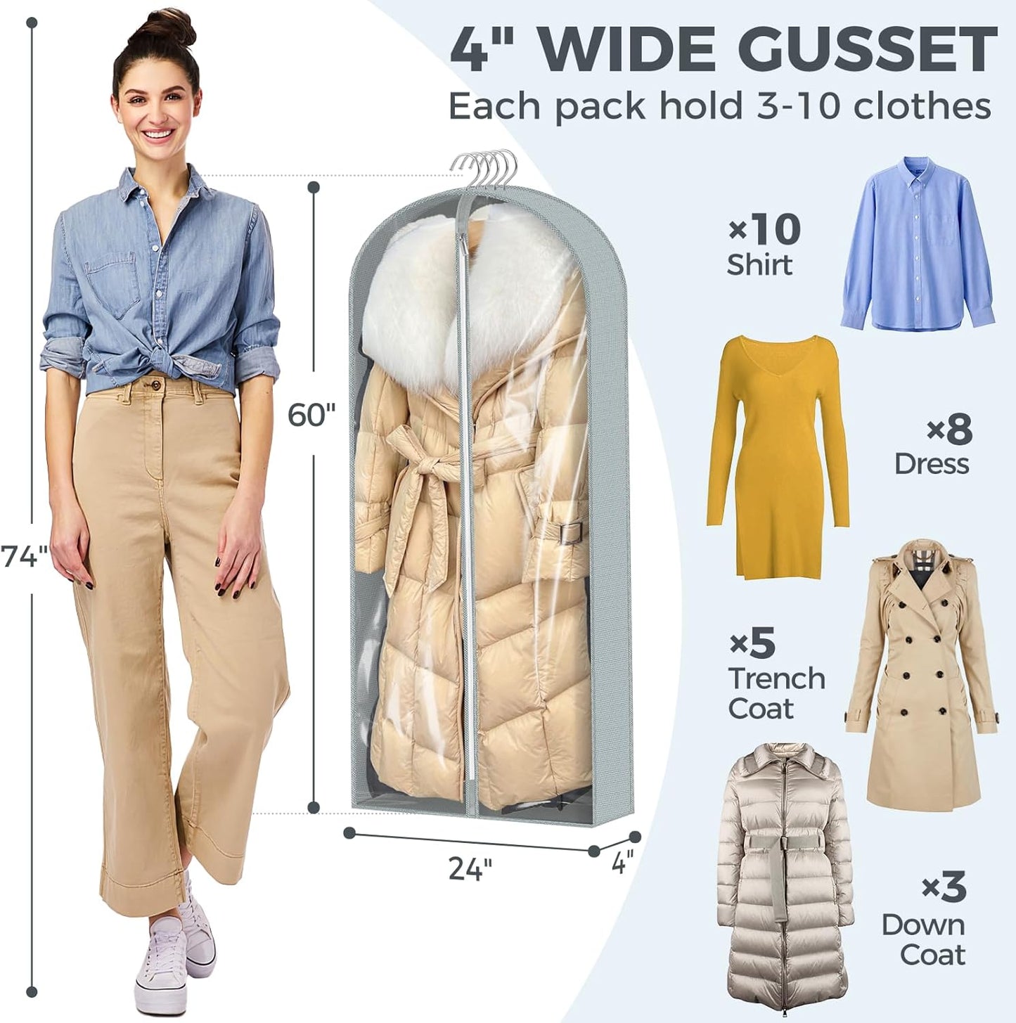 6 Pcs 60" Garment Bags for Hanging Clothes, Clear Suit Bags for Closet Storage Clothing Storage, Garment Bags Shoulder Covers with 4" Gussets for Coats, Jackets, Shirts and Sweater