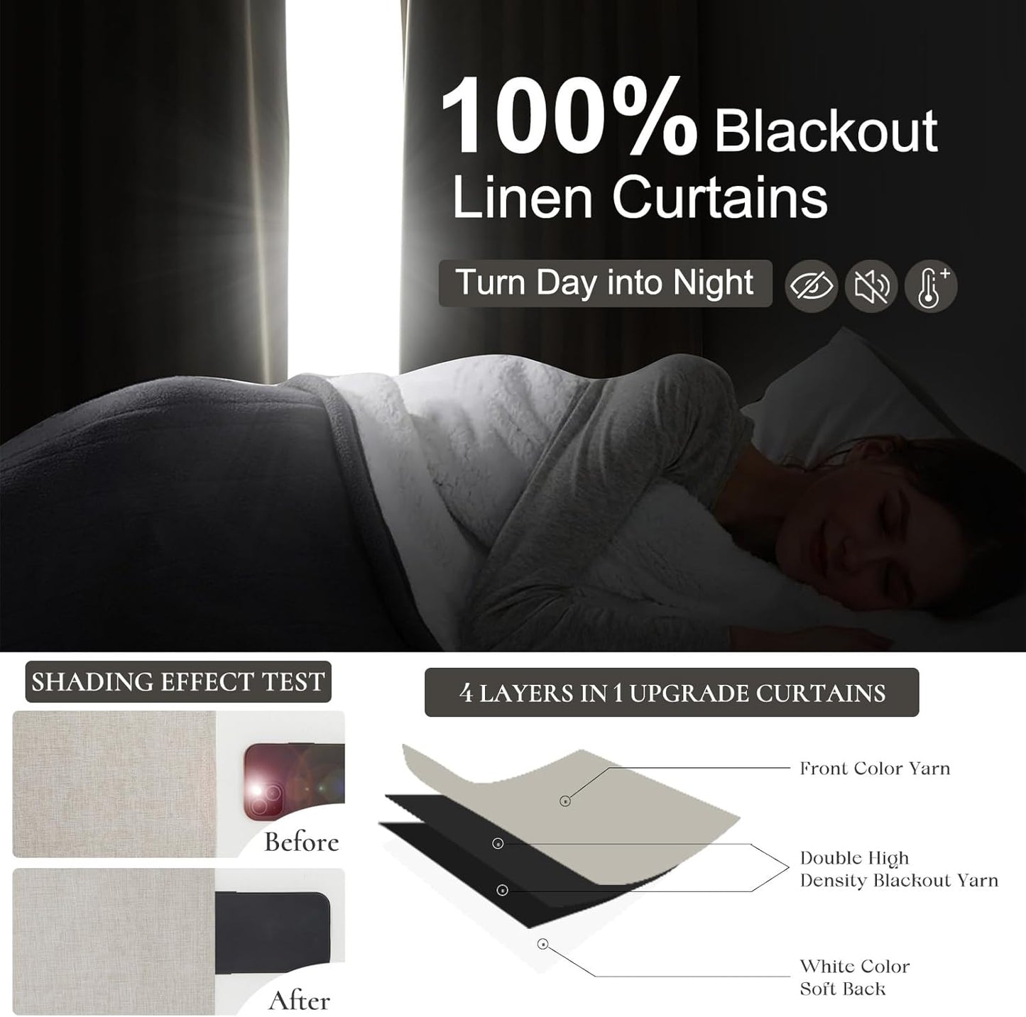 Natural Linen Blackout 92 Inch Bedroom Curtains 2 Panel Sets, Rustic Boho Cream Pleated Ceiling Track Curtain for Dining Room Heat Blocking Privacy Heavy Drape 92 Inches Long Oatmeal Back Tab