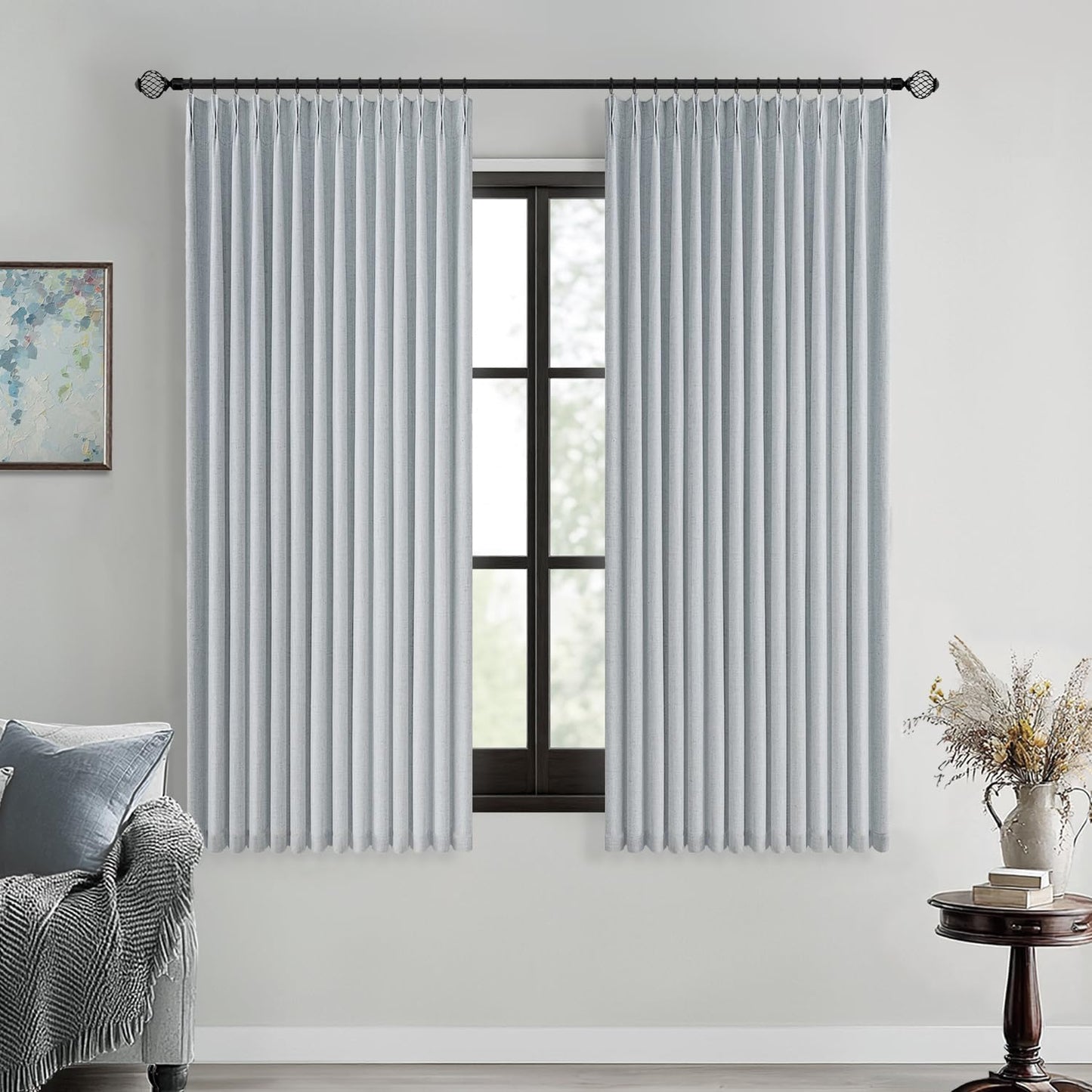 MIULEE Natural Pinch Pleated 100% Blackout Linen Curtains for Bedroom, Room Darkening Light Blocking Window Curtains 84 inches Long for Living Room, Black Out Pleat Drapes with Pin Hooks, 2 Panels