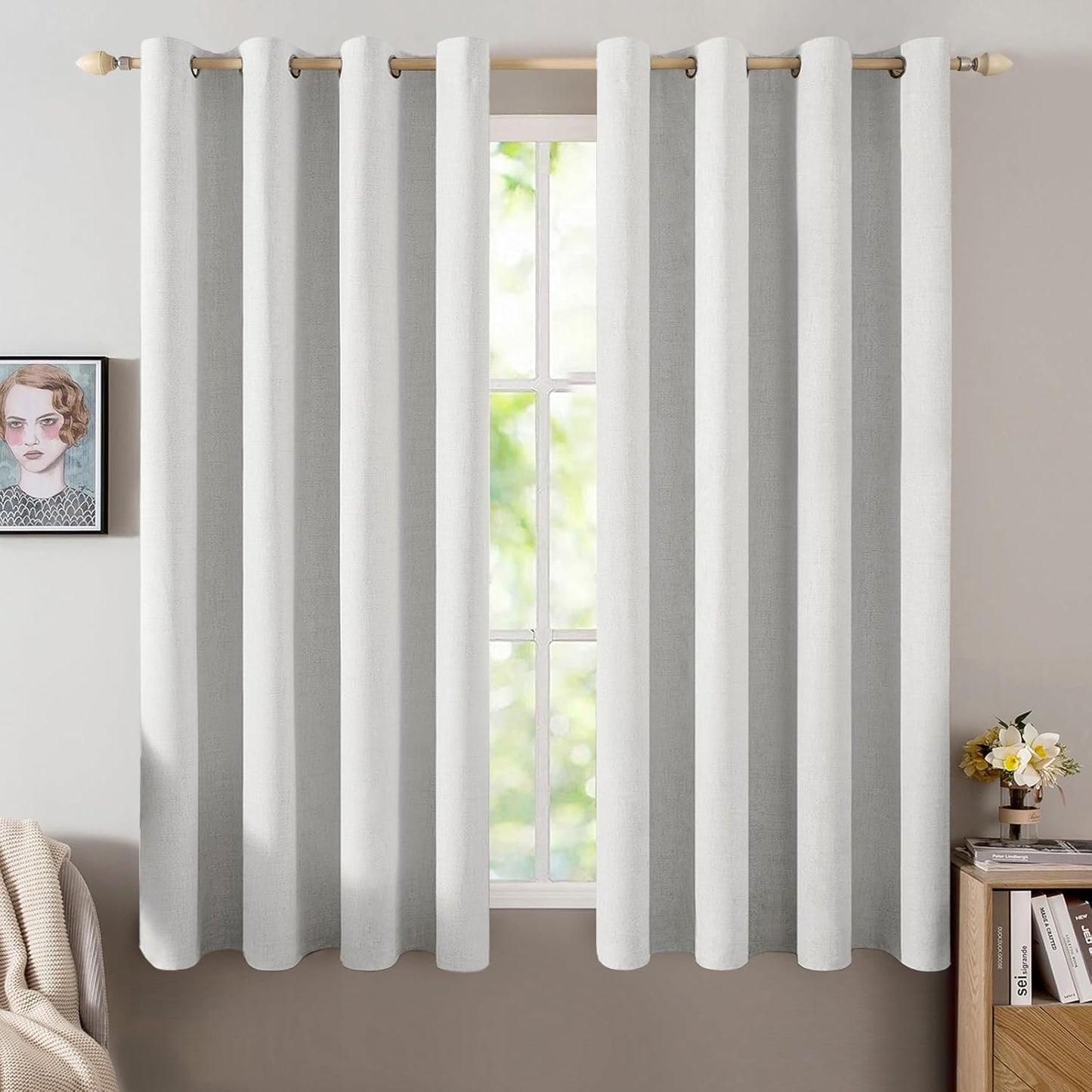 MIULEE 100% Blackout Linen Textured Curtains for Bedroom Solid Thermal Insulated Natural Beige Grommet Room Darkening Curtains & Drapes Luxury Decor for Living Room Nursery 62 x 96 Inch (2 Panels)