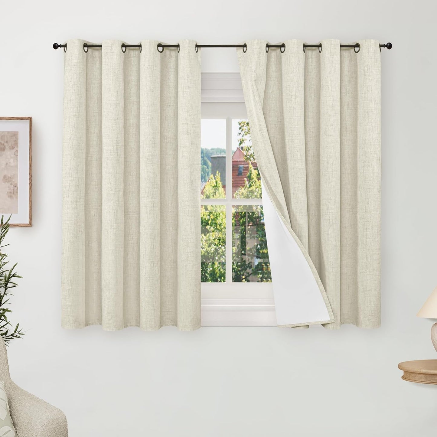 60 Inch Wide Linen Blackout Curtains for Living Room/Bedroom 84 Inch Length 2 Panels, Total Black Out Thermal Insulated Soundproof Grommet Boho Window Drapes White Liner for Modern Farmhouse, Natural