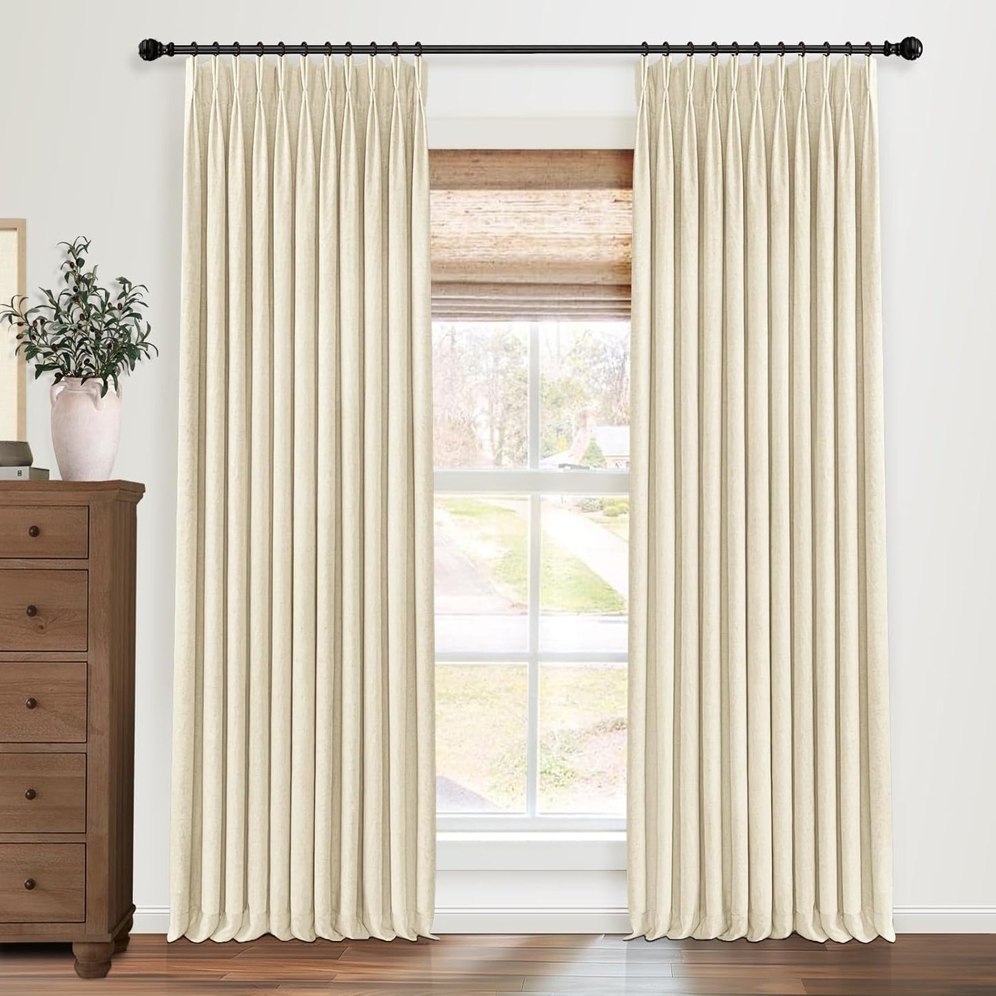 Pinch Pleated Blackout Curtains 96 Inches Long, Linen Blend, 100% Blackout Drapes with 20 Hooks, Ideal for Bedroom and Living Room, 40" W x 96" L (Pack of 2), Natural