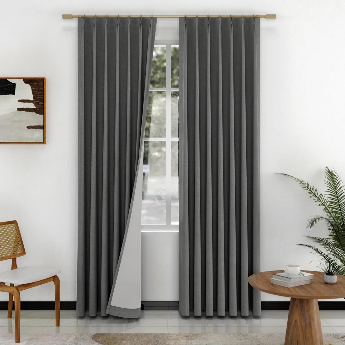Pinch Pleated 100% Blackout Linen Curtains 95 Inches Long for Bedroom Natural Black Out Pleat Curtains for Living Dining Room Darkening Thermal Insulated Window Curtain Drapes with Pin Hooks, 2 Panels