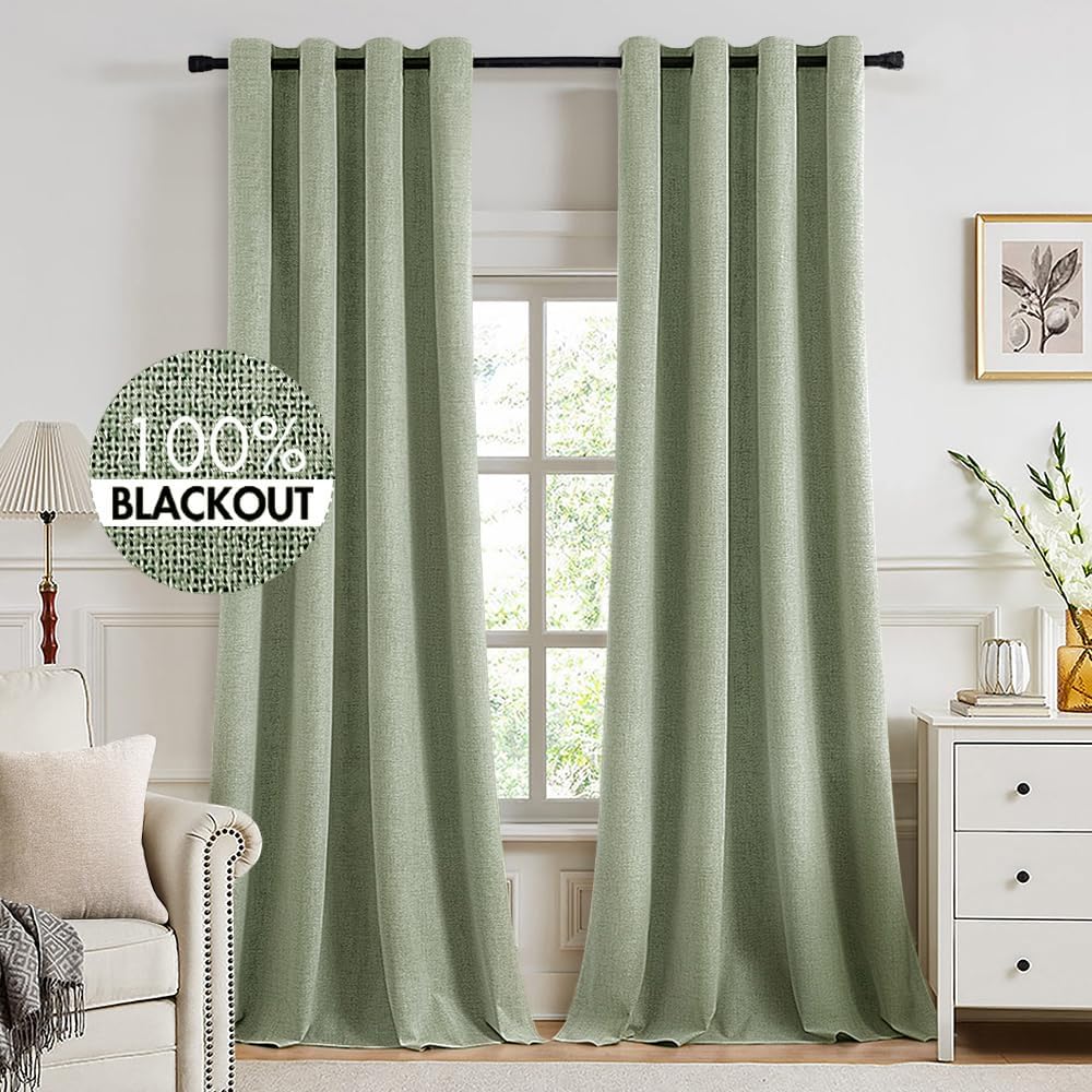 MIULEE 100% Blackout Linen Textured Curtains for Bedroom Solid Thermal Insulated Natural Beige Grommet Room Darkening Curtains & Drapes Luxury Decor for Living Room Nursery 62 x 96 Inch (2 Panels)